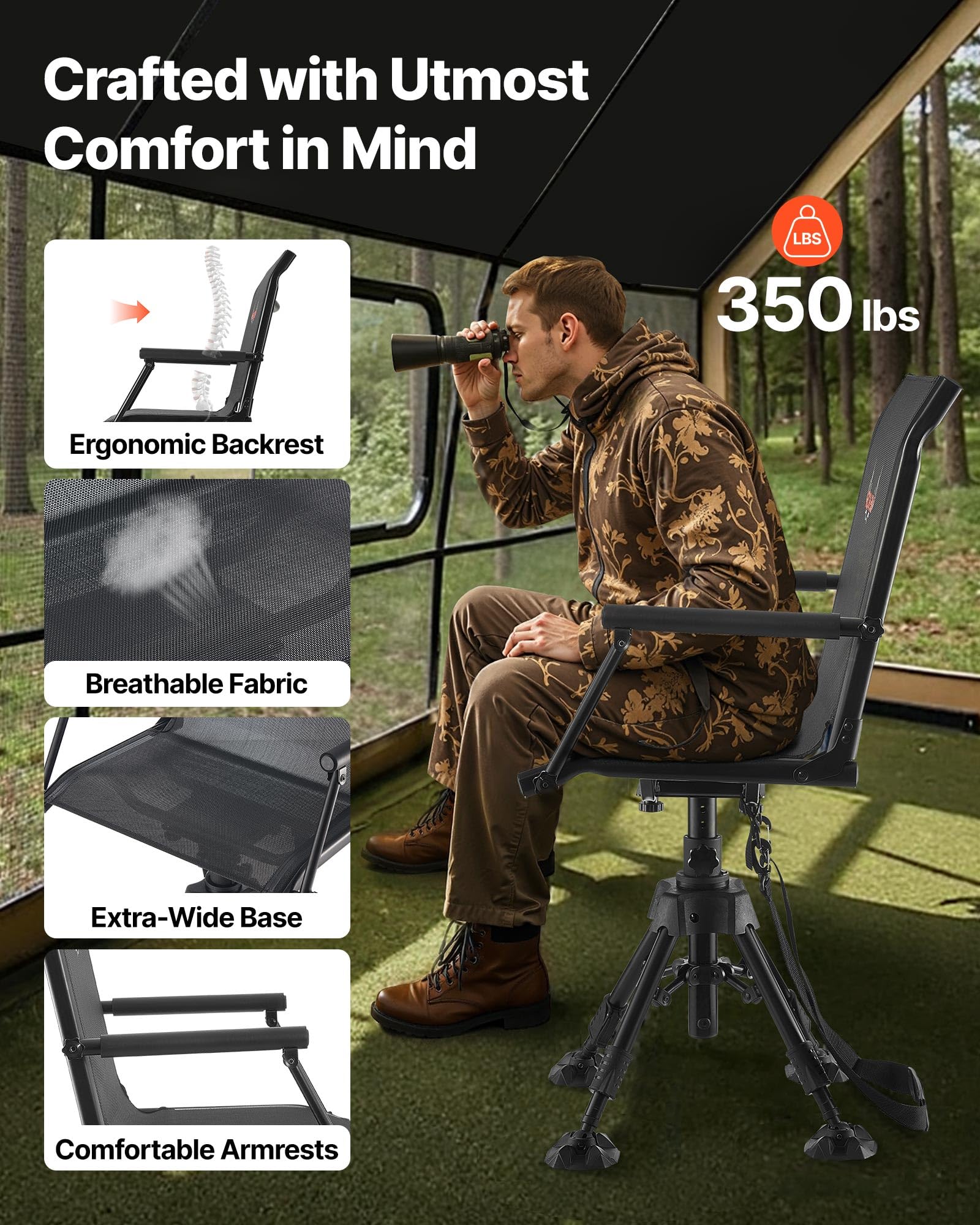 VEVOR Faltstuhl Campingstuhl Anglerstuhl mit Armlehnen Stahlrahmen Verstellbarer Beine Klappstuhl 158 kg belastbar 360° geräuschlos drehbar