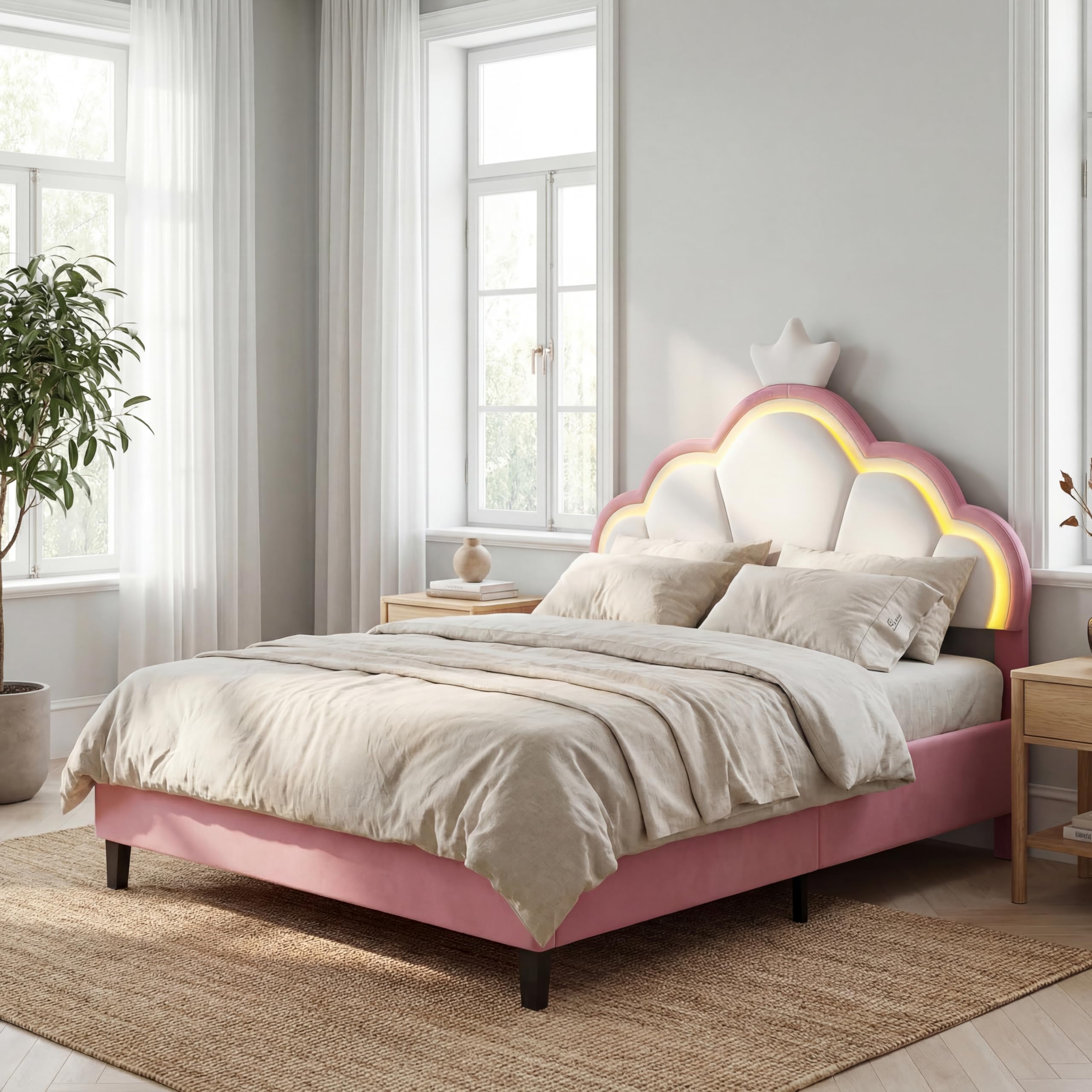 Polsterbett Kinderbett 90x200 cm, Mädchenbett Prinzessinnenbett mit LED, Höhenverstellbares Kopfteil, Einzelbett Bettgestell mit Lattenrost für Schlafzimmer, Loft, Samtstoff, Rosa