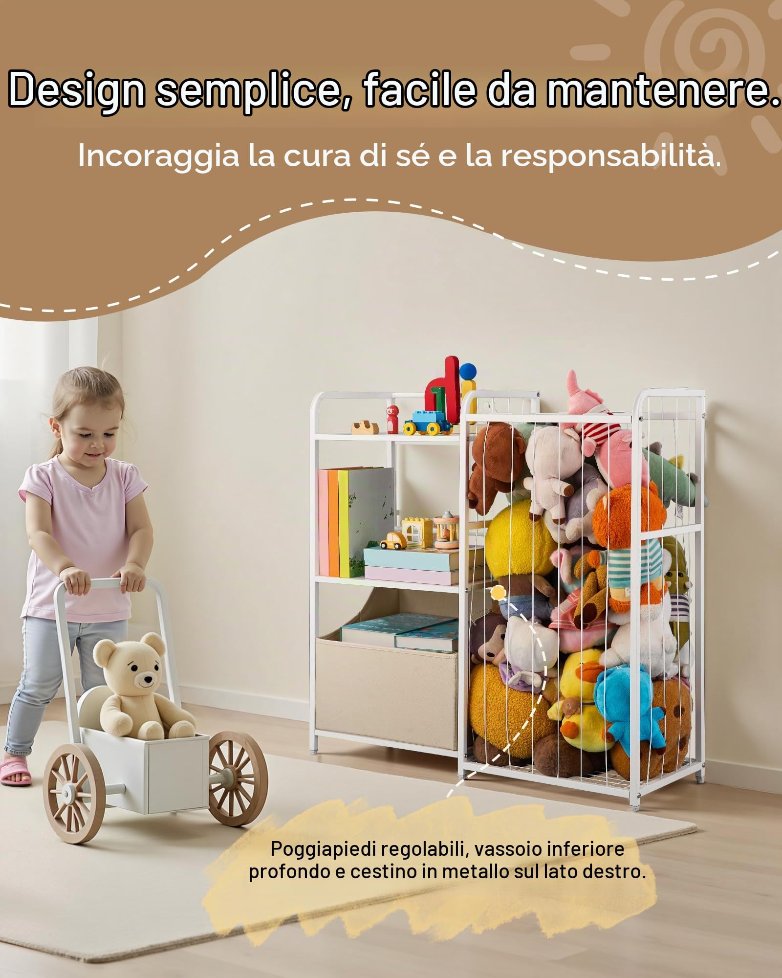 VEVOR Organizer per Giocattoli Peluche, Libreria per Bambini a 2 Livelli, Mobiletto Portaoggetti con Baule per Giochi in Tessuto, per Camere da Letto, Sale Giochi, Asili Nido, Scuole Materne, Bianco