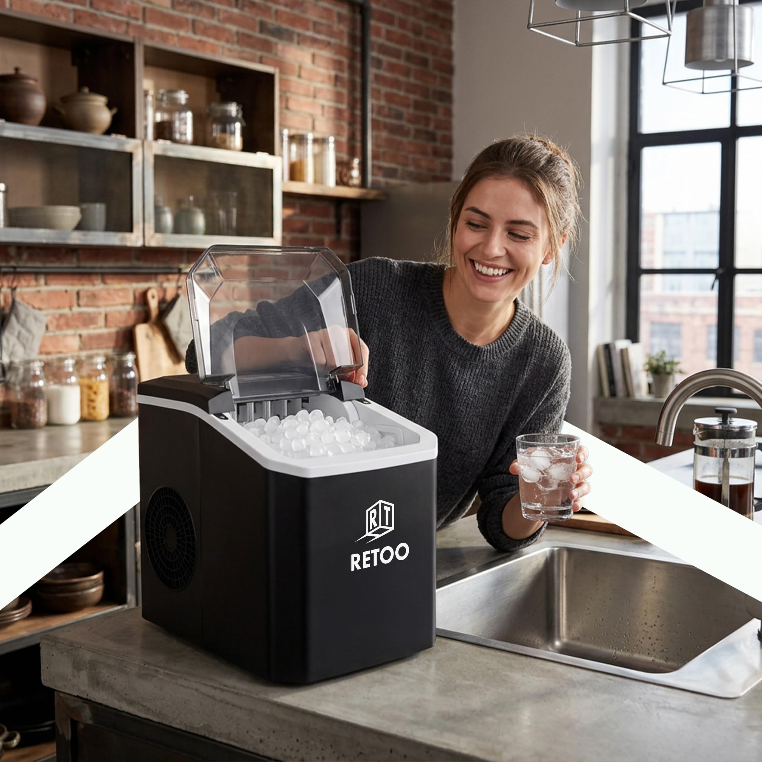 Retoo Eiswürfelmaschine 12 kg/24h, 9 Eiswürfel/6–12 Min | Selbstreinigung, 1,5 l , 2 Eisgrößen, Display, Wasserstandsanzeige, 0,7 kg Eisbehälter, 120 W