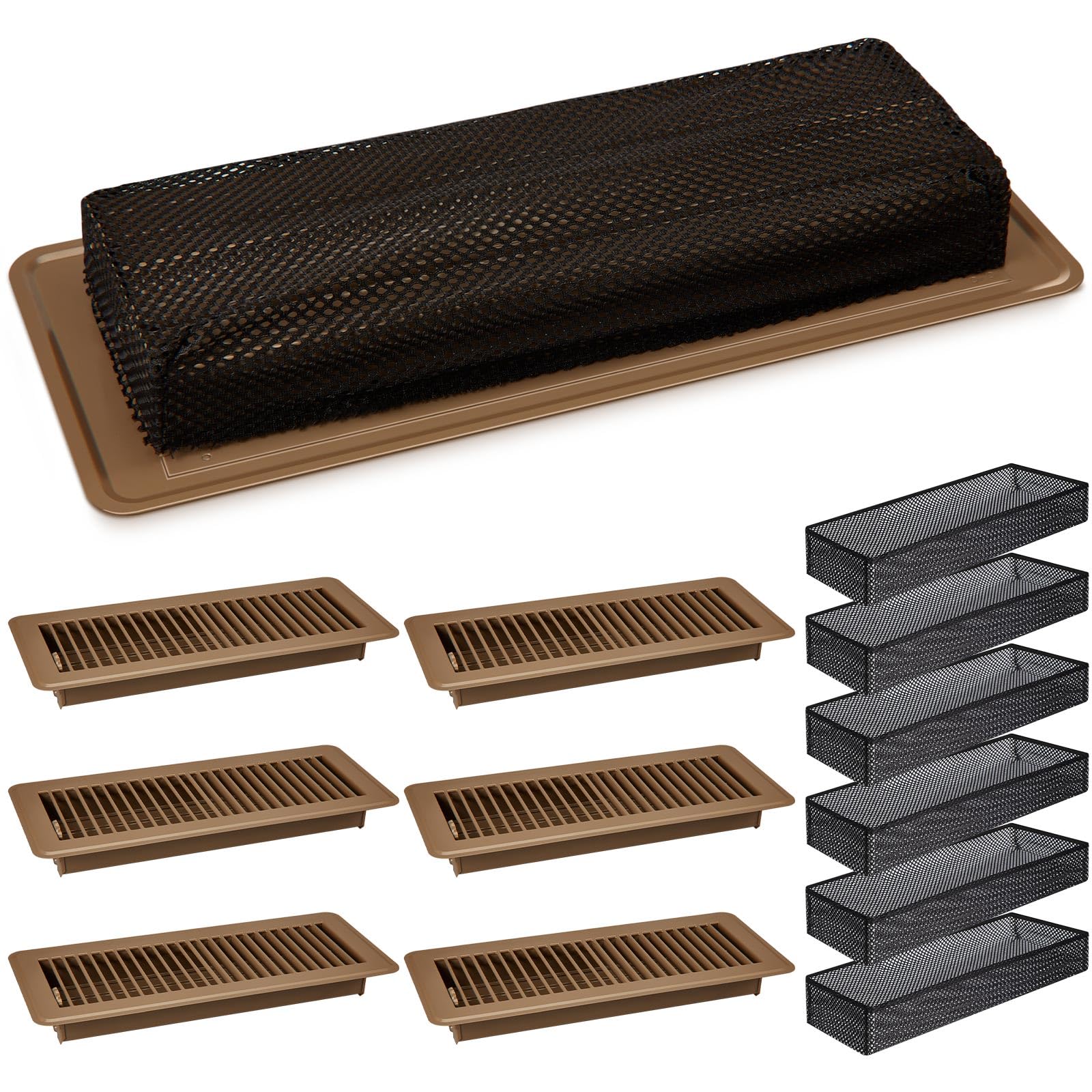Therwen 12 Pcs Floor Vents Register with Cover Trap Set Including 6 Pcs Steel Floor Vent Covers Walkable Design 6 Pcs Floor Register Screen Mesh Filters for Floor Replace (Brown,4" x 12")