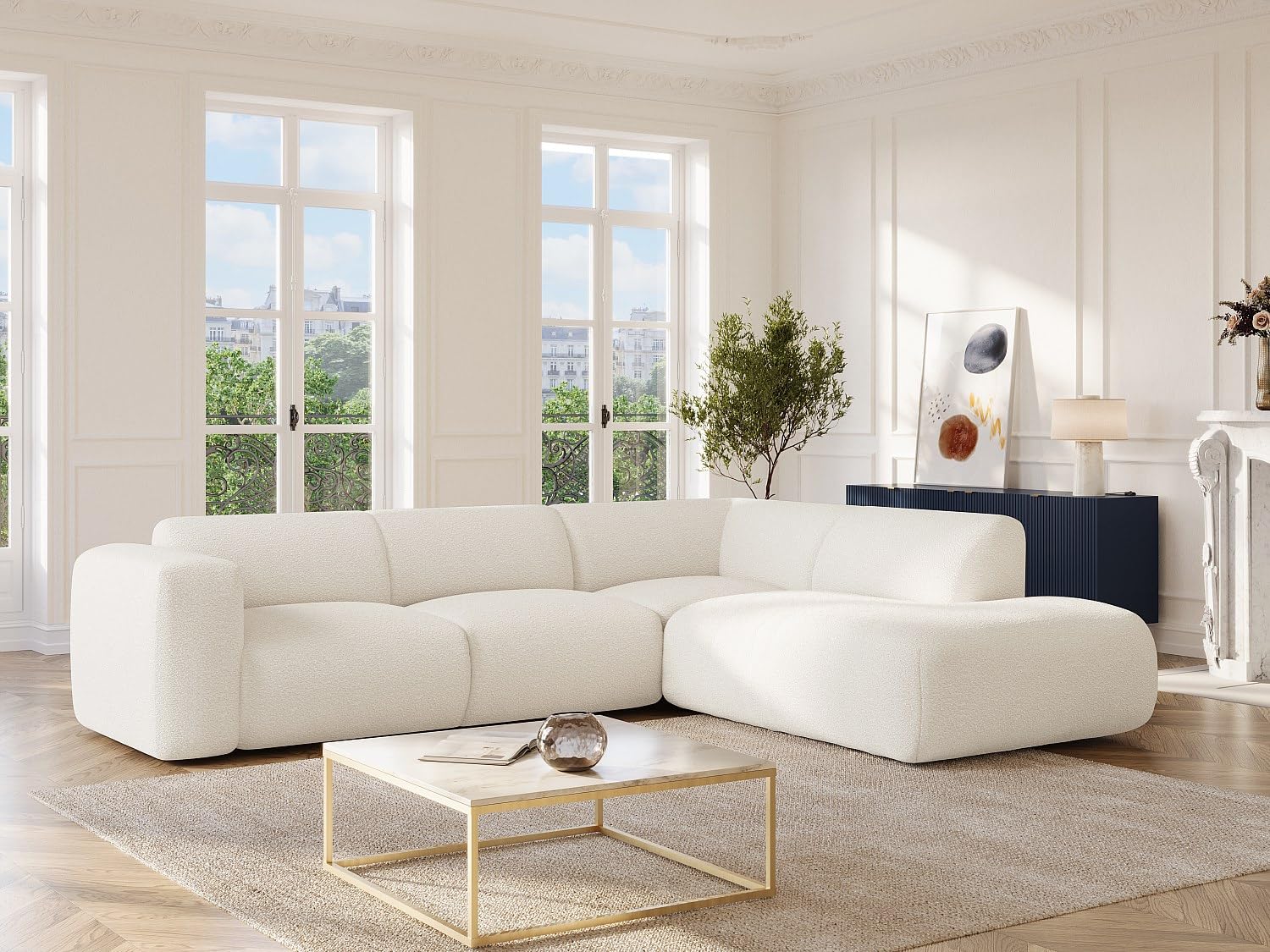 Vente-unique - Großes Ecksofa mit Recamiere mit Rückenlehne - Ecke rechts - Bouclé-Stoff - Weiß - POGNI von Maison Céphy