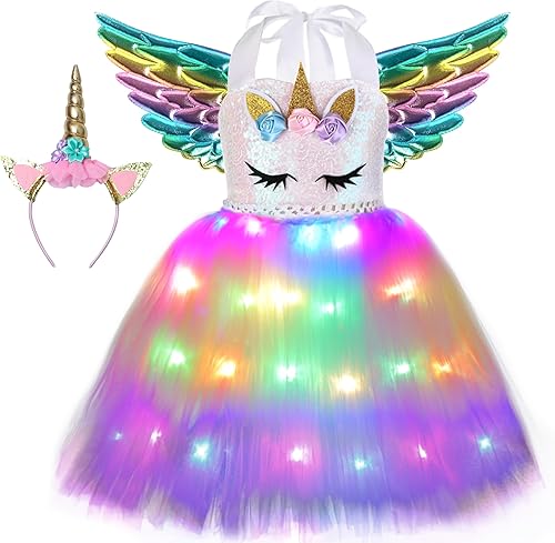 Miniatura 1 de Soyoekbt Girls Unicorn Costume LED Light Up Unicorn Princess Tutu Dress for Birthday Party Halloween with Headband Wing