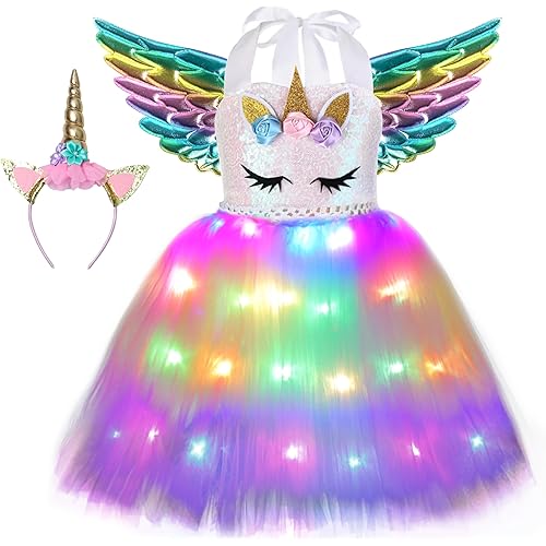 Soyoekbt Girls Unicorn Costume LED Light Up Unicorn Dress Birthday Party Princess Dress for Halloween Party