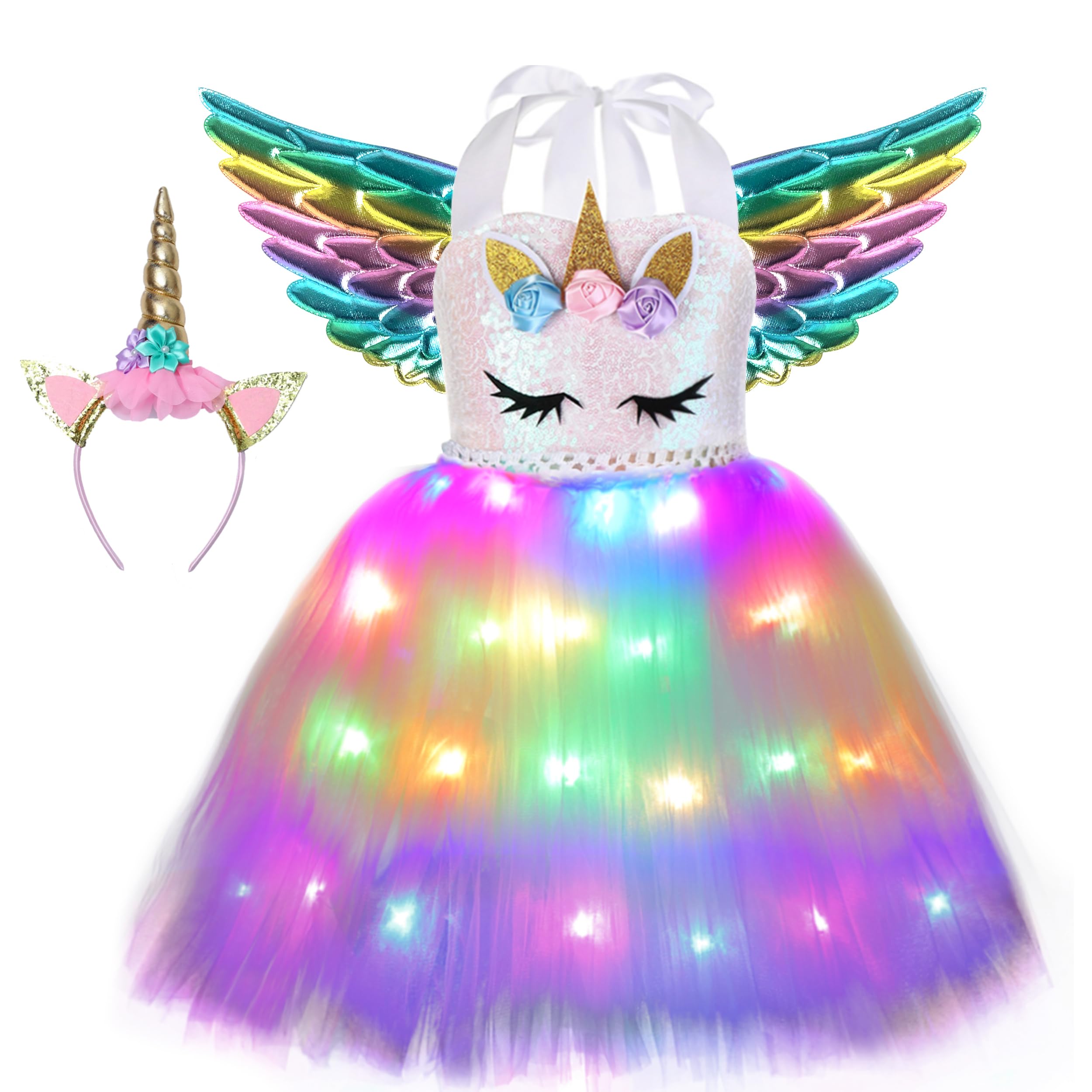 Soyoekbt Girls Unicorn Costume LED Light Up Unicorn Princess Tutu Dress for Birthday Party Halloween with Headband Wing