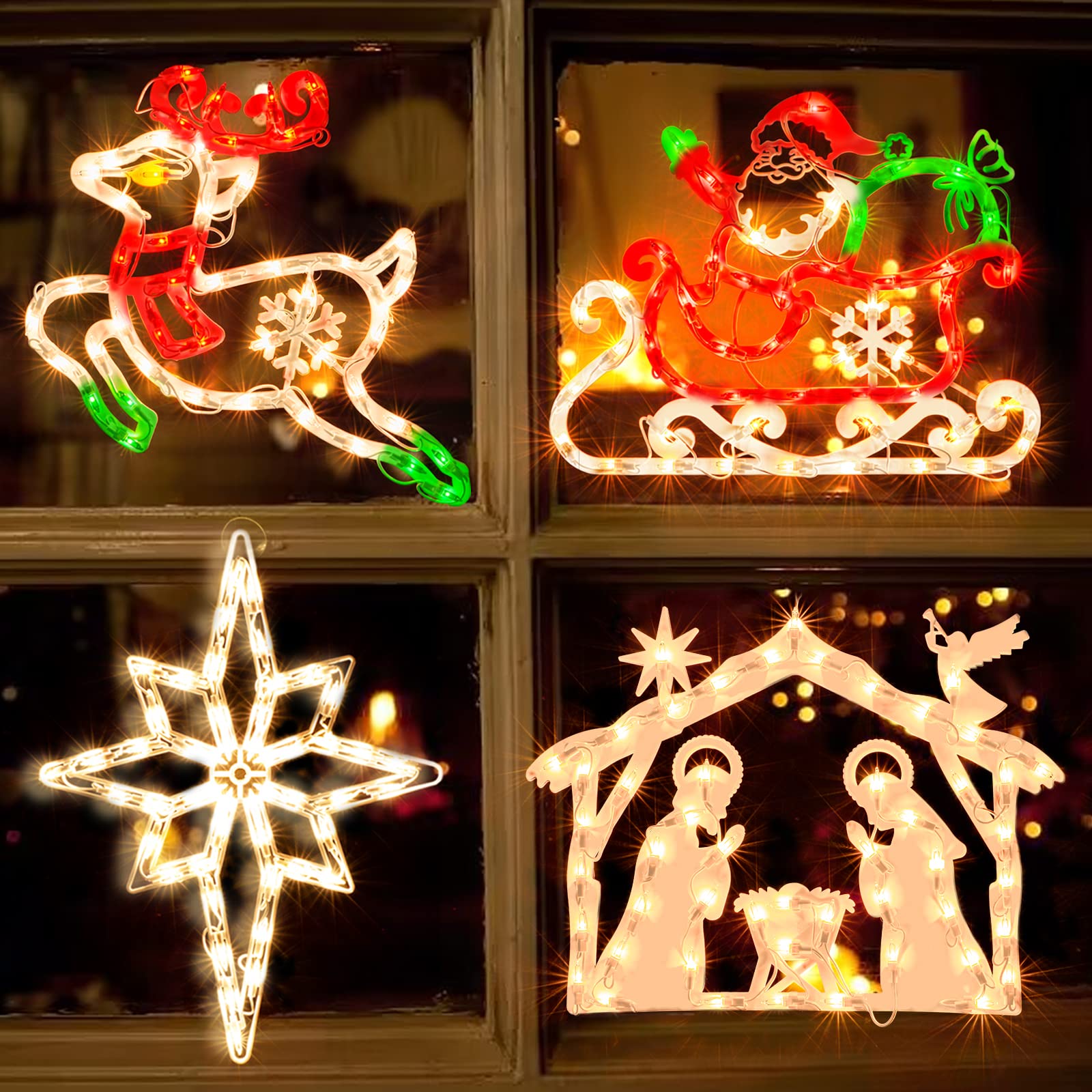 4 Stück 40,6 cm Weihnachts-Fenster-Silhouette-Lichter, Dekoration, 50 l Weihnachts-Skulptur, einschließlich: 1 x Hirsch, 1 x Weihnachtsmann und Schlitten, 1 x Krippen, 1 x Bethlehem-Stern