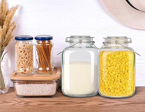 Miniatura 5 de Juego de 2 tarros de vidrio herméticos de 1 galón con tapas, recipientes de almacenamiento de vidrio extra grandes con asa para harina, cereales,