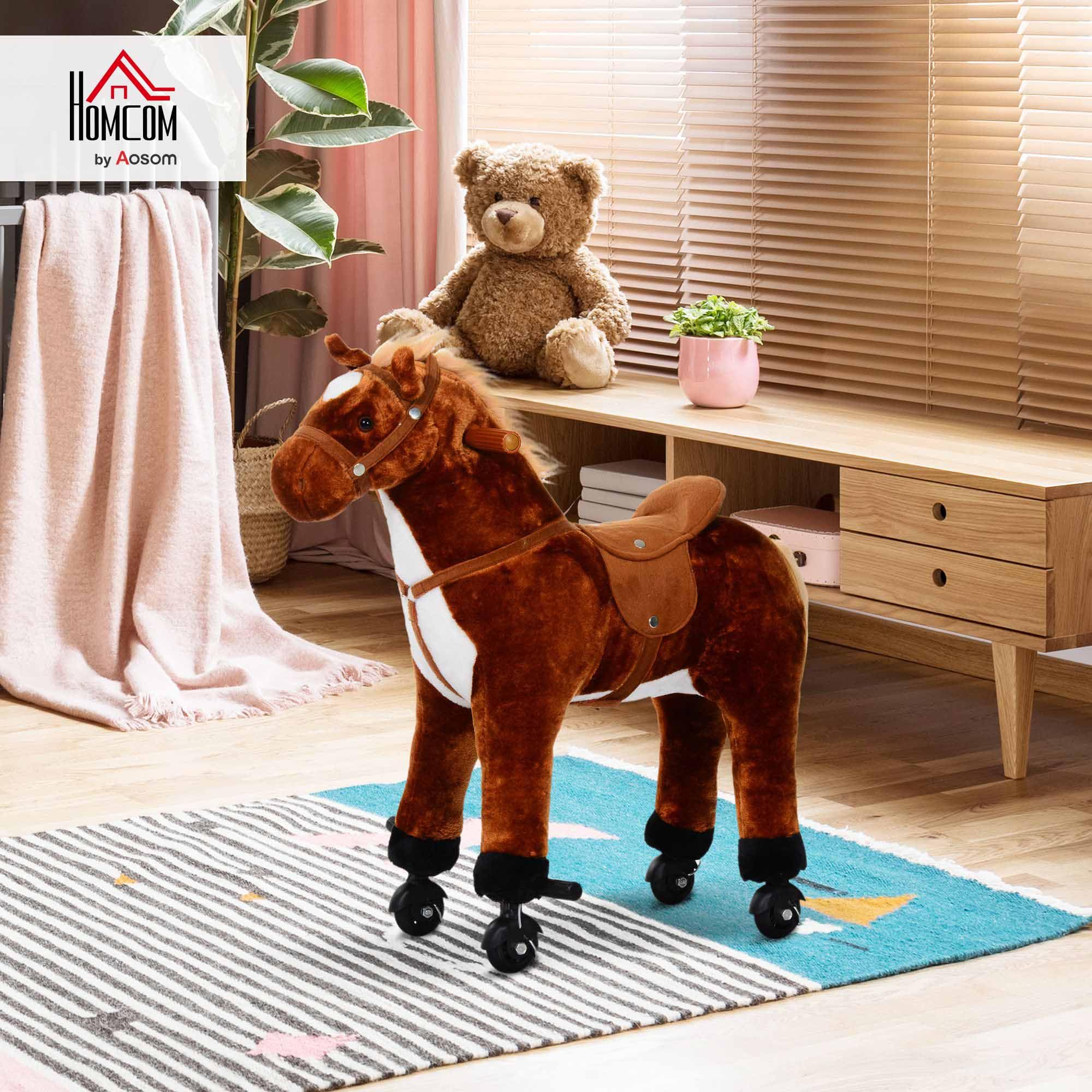 HOMCOM Cavallo a Dondolo per Bambini 2+ Anni con 4 Rotelle e Suoni Realistici, Dondolo per Bambini Imbottito con Poggiapiedi, 65x28x75 cm, Marrone