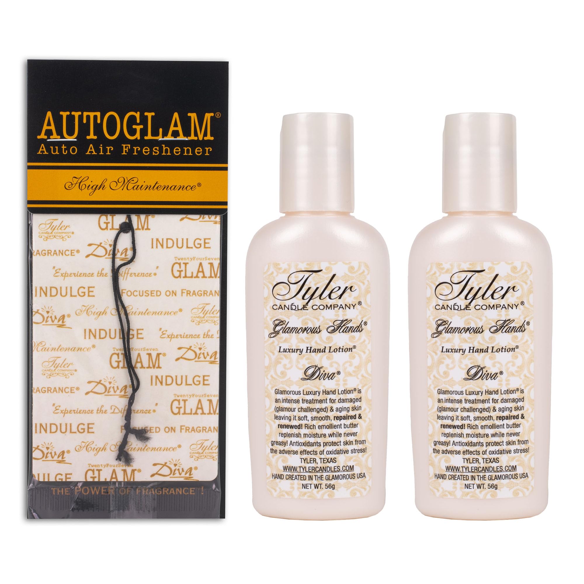 Elanze Designs Tyler Candle DIVA 2 Ounce Hand Lotion and HIGH MAINTENANCE Autoglam Air Freshener Bundle; set of 3