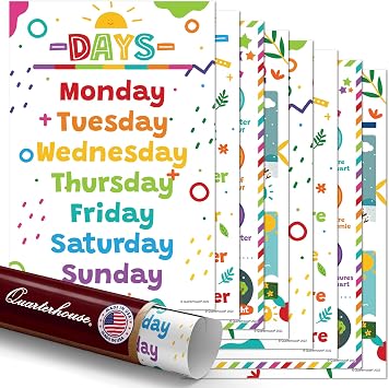 Quarterhouse 8 Poster English-French Early Learners Time and Seasons Set, French Classroom Learning Materials for Pre-K and K-12 Students and Teachers, 12 x 18 Inches, Made in USA