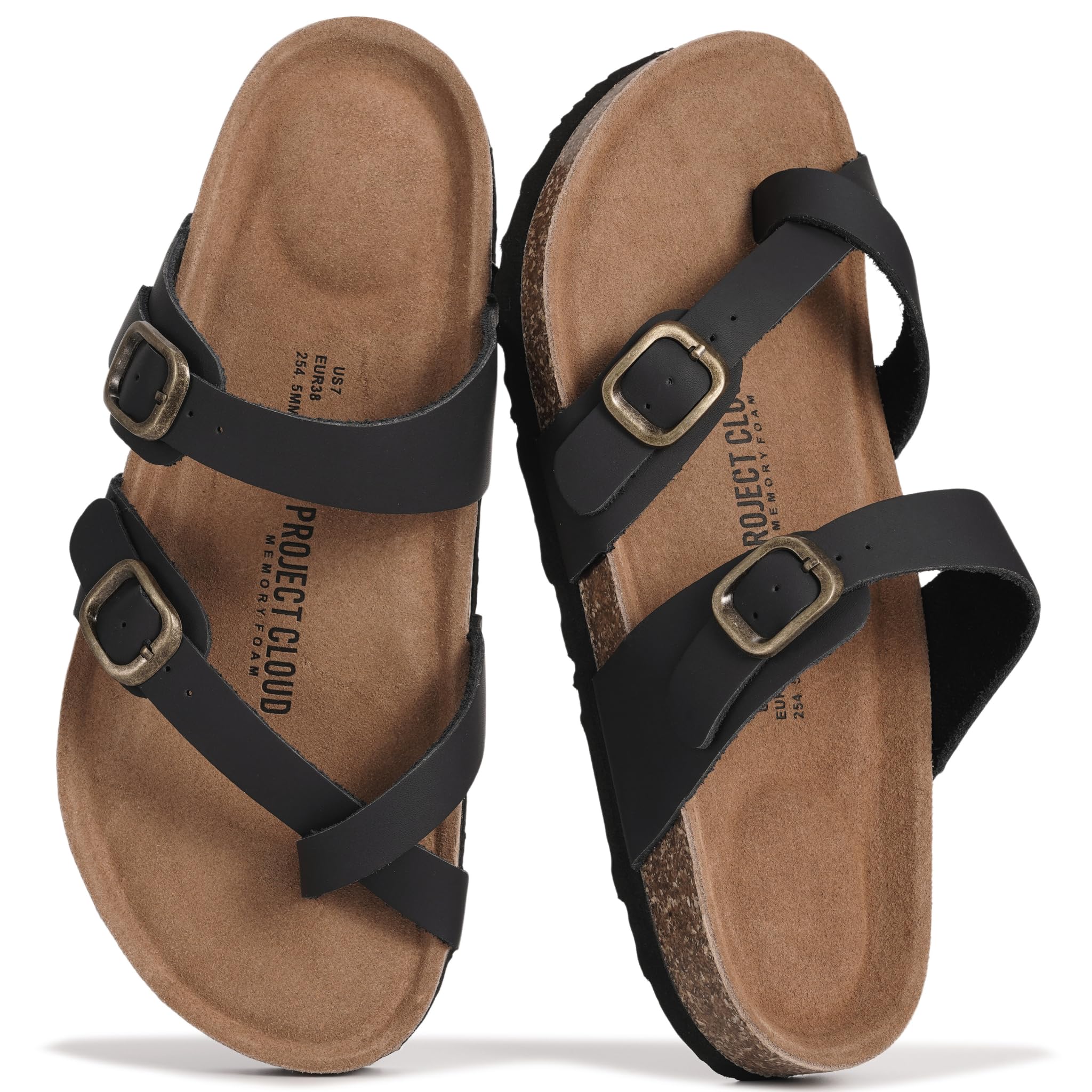 Project Cloud 100% Genuine Leather Womens Sandals -Lightweight Womens Slides Memory Foam Insole & Cork Footbed Sandals Women - Non-Slip Beach