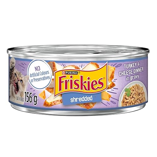 Friskies Shredded Wet Cat Food, Turkey & Cheese Dinner in Gravy - 156 g Can (24 Pack) - Cat Food