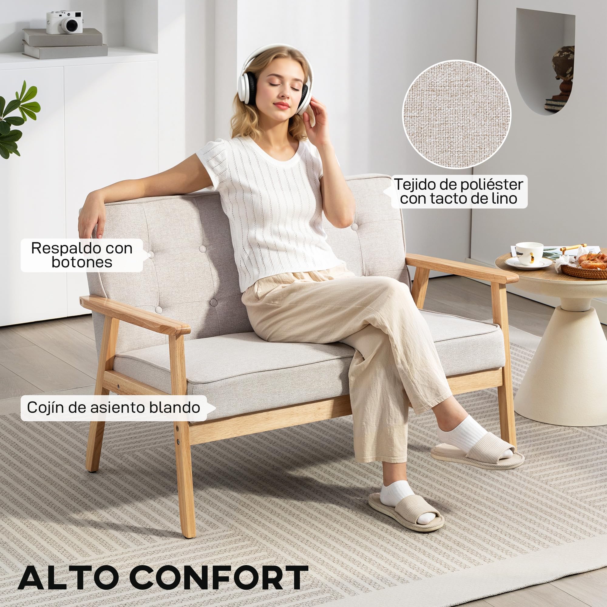 HOMCOM Sofá de 2 Plazas, Tapizado en Lino Sintético, Sofá Nórdico con Patas y Reposabrazos de Madera de Caucho, Respaldo Acolchado, para Salón, Dormitorio, Oficina, Sala de Estar, 113x67x78 cm, Beige