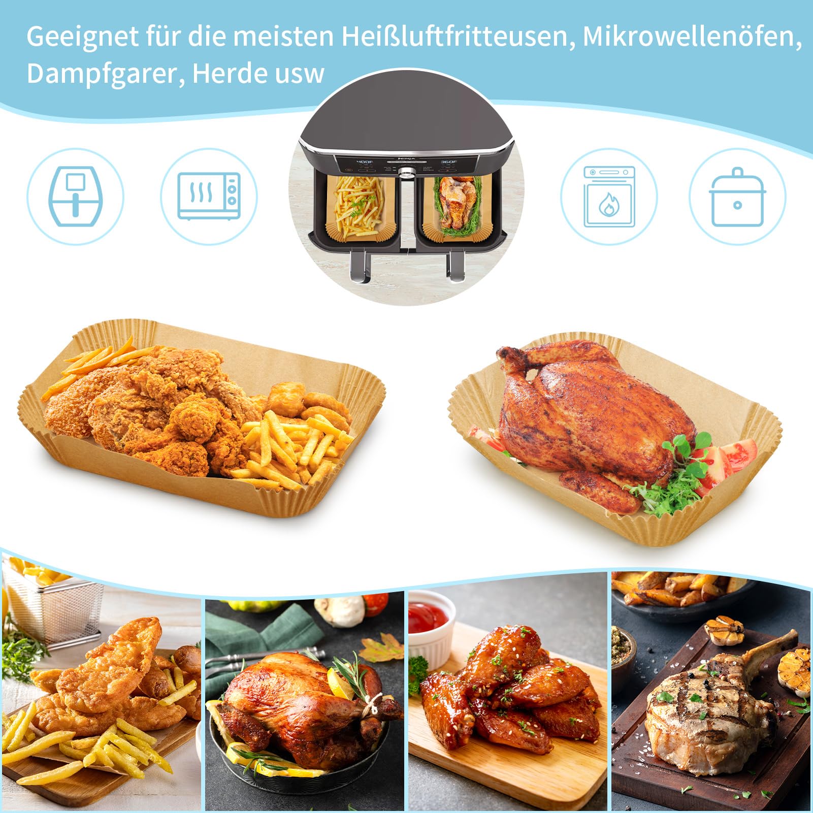 Pack van 125 Airfryer bakpapier 20 x 14 cm voor hete airfryer met dubbele kamer, rechthoekig bakpapier liners compatibel met Ninja AF400EU, AF300EU, SL400EU, SL300EU en andere Dual Zone Hot Air Fryer