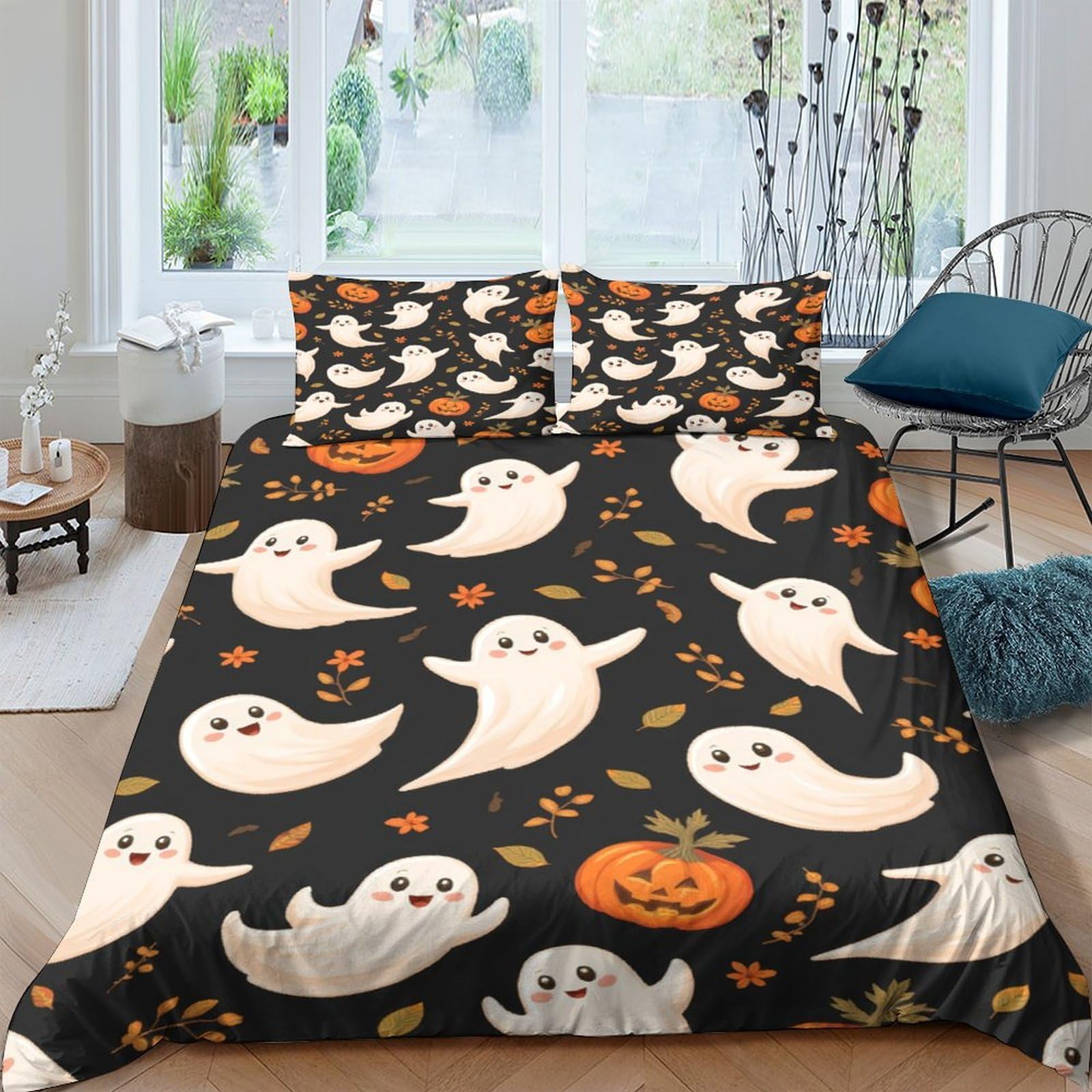 Ctjqhvkz Style-10 3D Printed Cute Ghost Fitted Sheet Microfiber Black Halloween Pumpkin Mattress Cover For Bedroom Guest Room Decor Single（135X200cm）