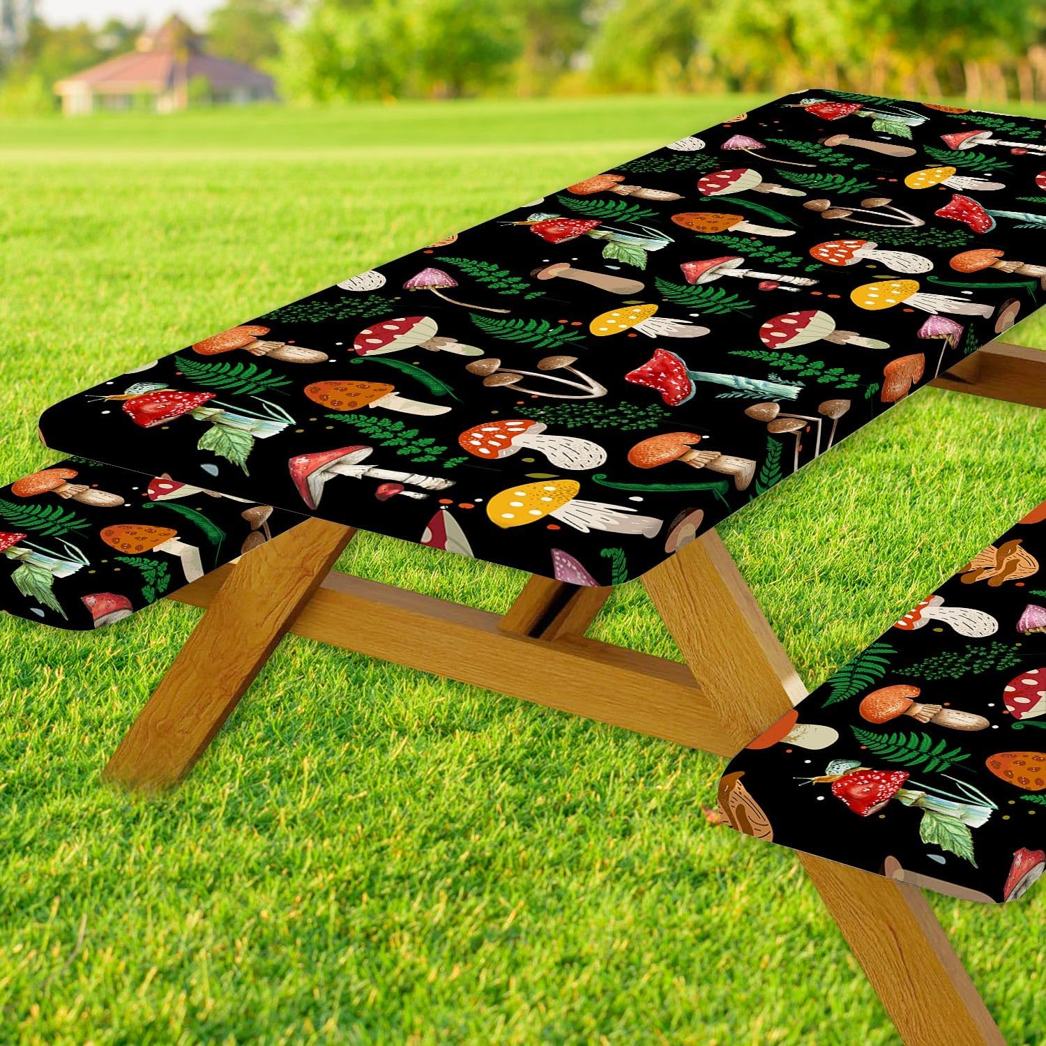 JAWO Picnic Table Cover with Bench Covers Outdoor Camping Essentials Windproof Waterproof Fitted Picnic Table Cloth Wood Texture Fitted Picnic Tablecloth with Elastic, 30x96in