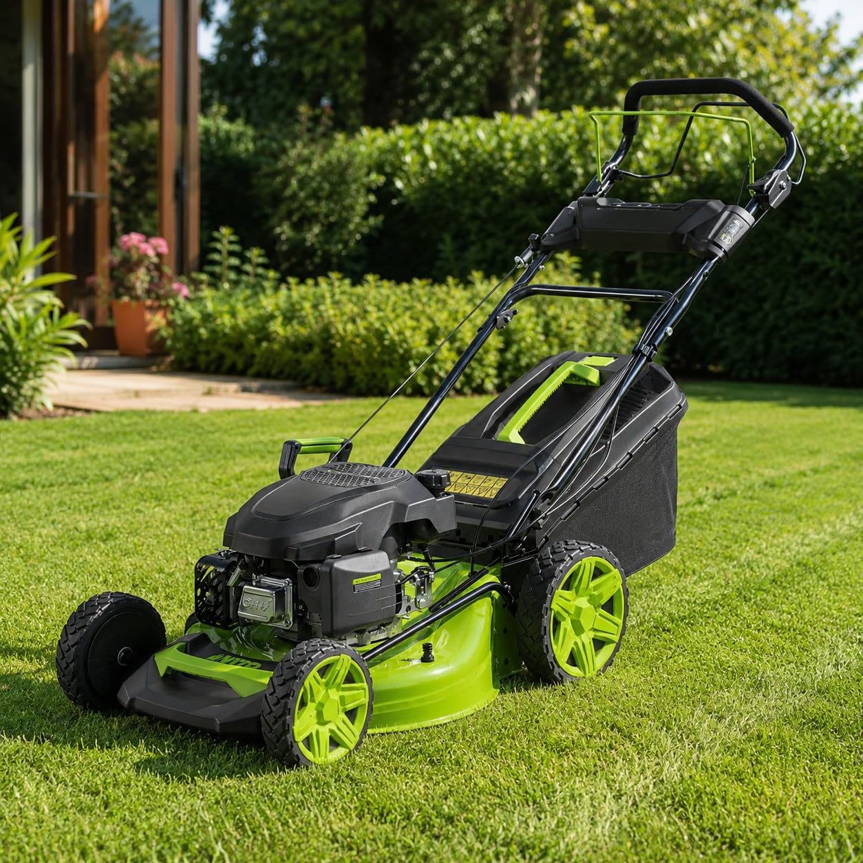 VITO - Cortacésped térmico gasolina 4,5 CV 144 cc corte 46 cm bandeja 60 L Mulching 7 alturas 25 a 75 mm