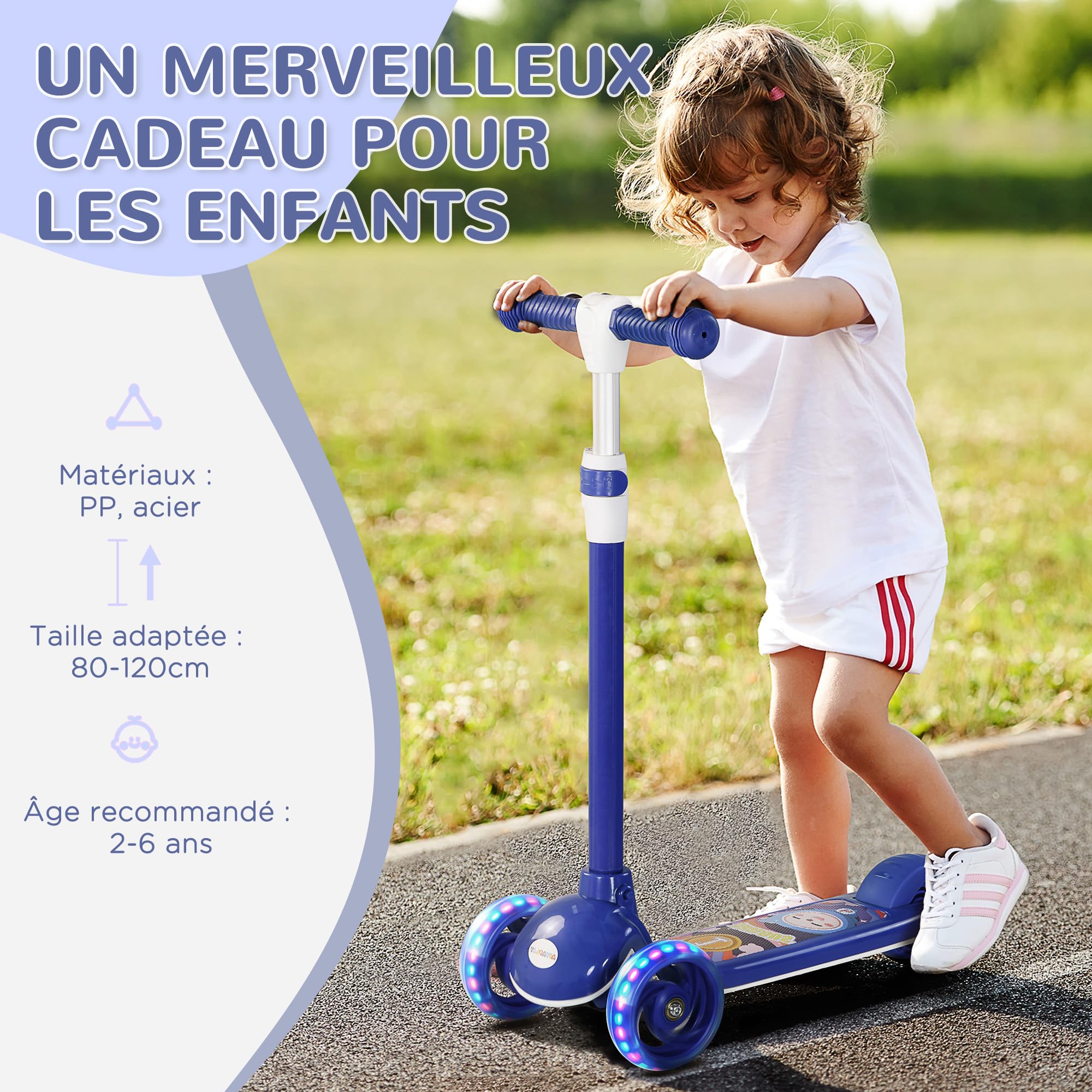 AIYAPLAY Trottinette pour Enfant - Trottinette 3 Roues Lumineuses LED - Hauteur Guidon en TPE réglable - Frein à Friction arrière - Acier PP pour Enfants de 2 à 6 Ans