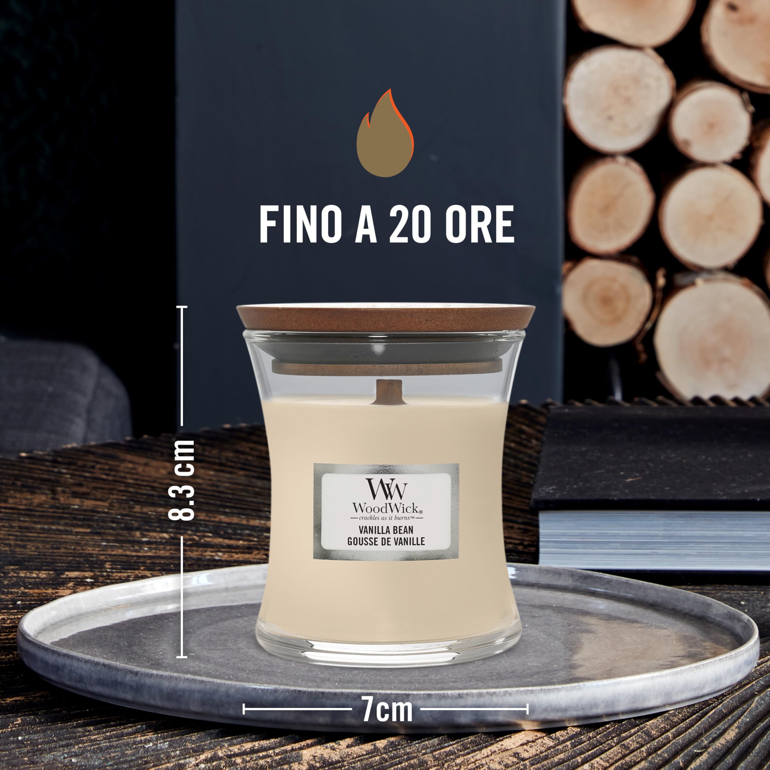 WoodWick Candela profumata con stoppino scoppiettante | Candela a clessidra piccola Baccello di vaniglia | Fino a 20 ore di combustione | Regali perfetti per le donne
