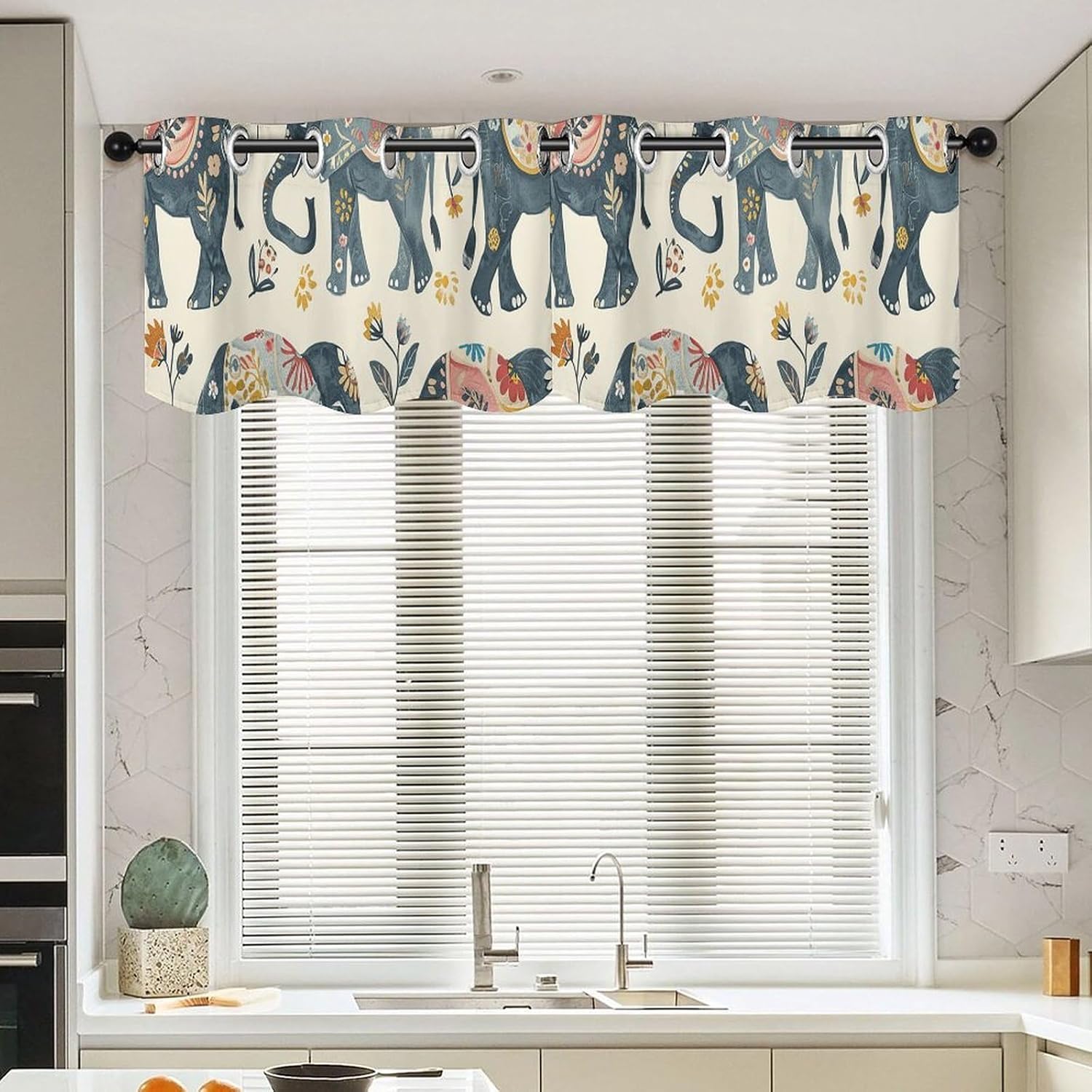 Indian Style Elephant Valance for Windows, 2 Pack Kitchen Curtains Modern Home Decor, Soft Blackout Window Curtains for Living Room & Bedroom, 18 X 52 Inch