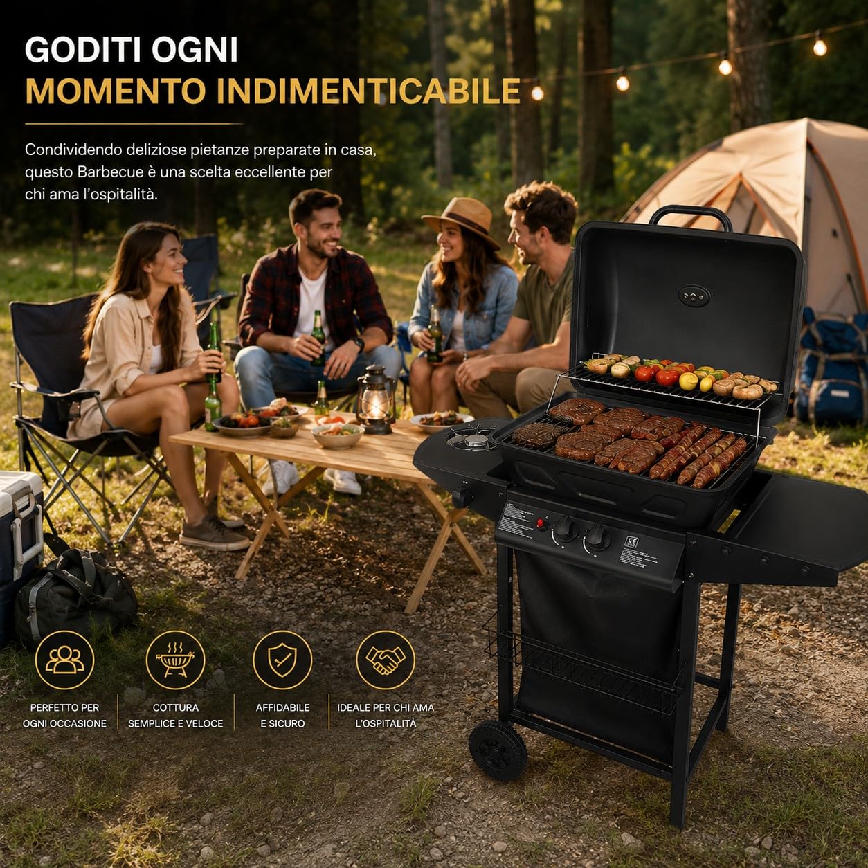 Barbecue a Gas con Pietra Lavica 2 Bruciatori + Fornello Laterale 8kW Area di Cottura 48 × 37cm Griglia in Acciaio Coperchio con Termometro e Ruote per Giardino