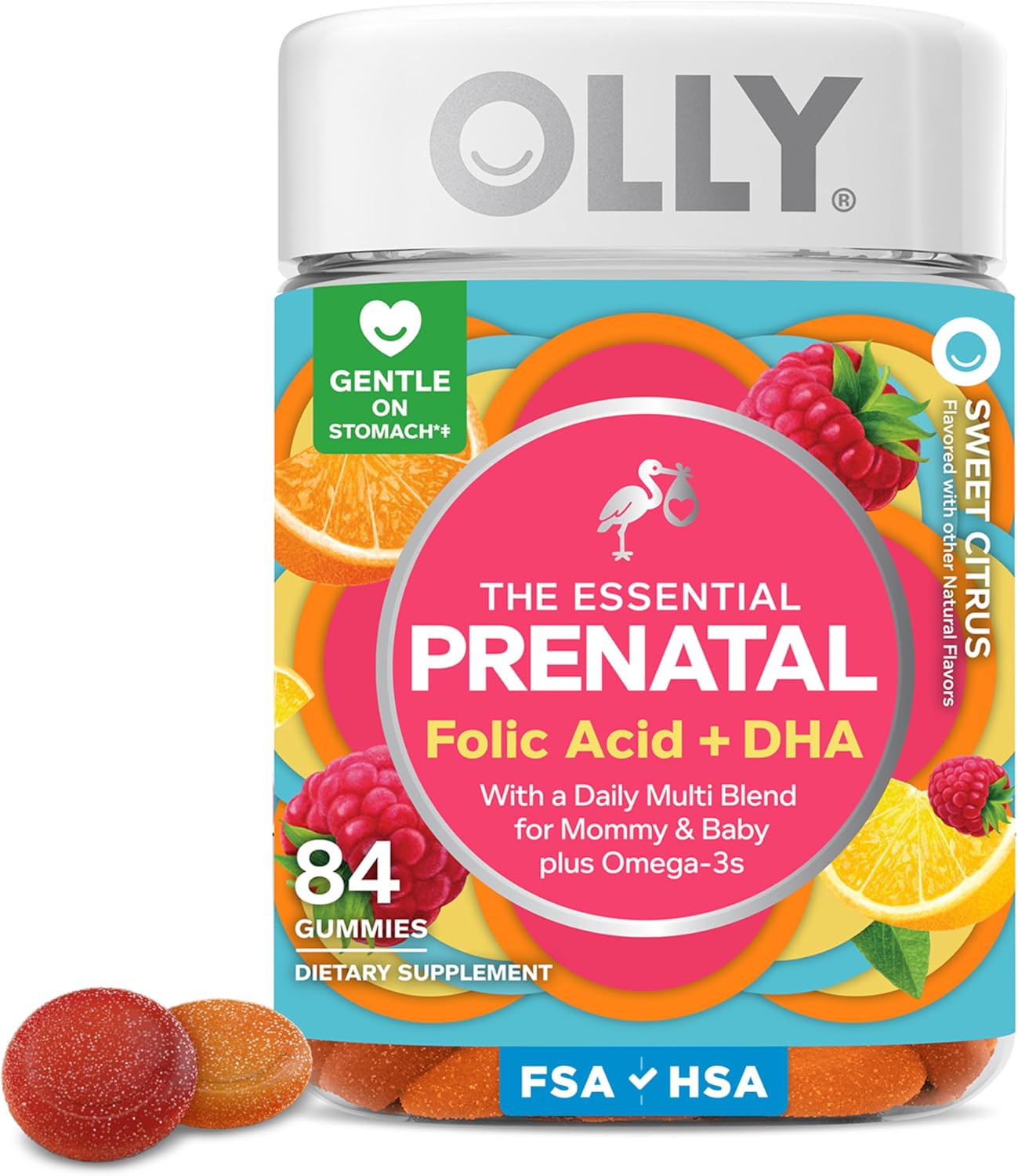 OLLY Essential Prenatal Gummy Multivitamin, Folic Acid, Vitamin D, Omega 3 DHA, Supports Healthy Growth and Brain Development, Citrus Berry - 84 Count