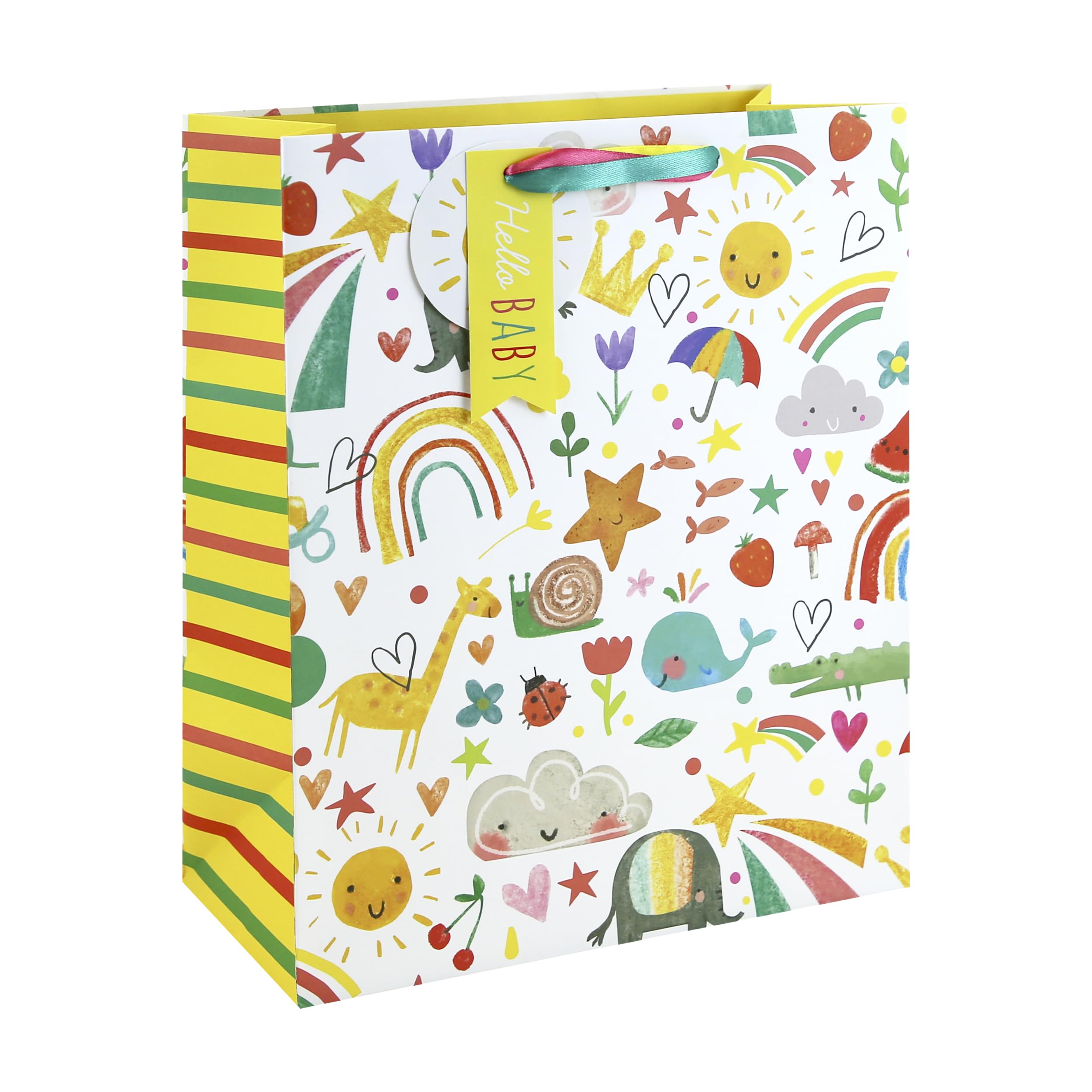 Eurowrap Hello Baby Large Gift Bag – Colourful New Baby Gift Bag with Animals & Rainbows, White Kraft Paper, Foil Print & Satin Twisted Ribbon Handles – Premium Baby Shower Packaging