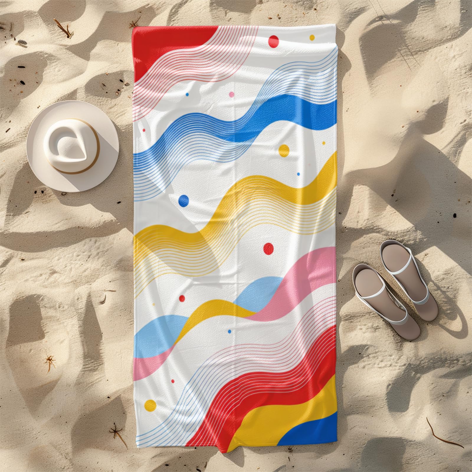 Fouta PlageLignes Bleues Rouges Jaunes Modèle Surdimensionné avec Diverses Tailles, Respirante et Portable, Parfaite pour Voyages Sorties Piscine et Usage Extérieur Quotidien 90x160 cm