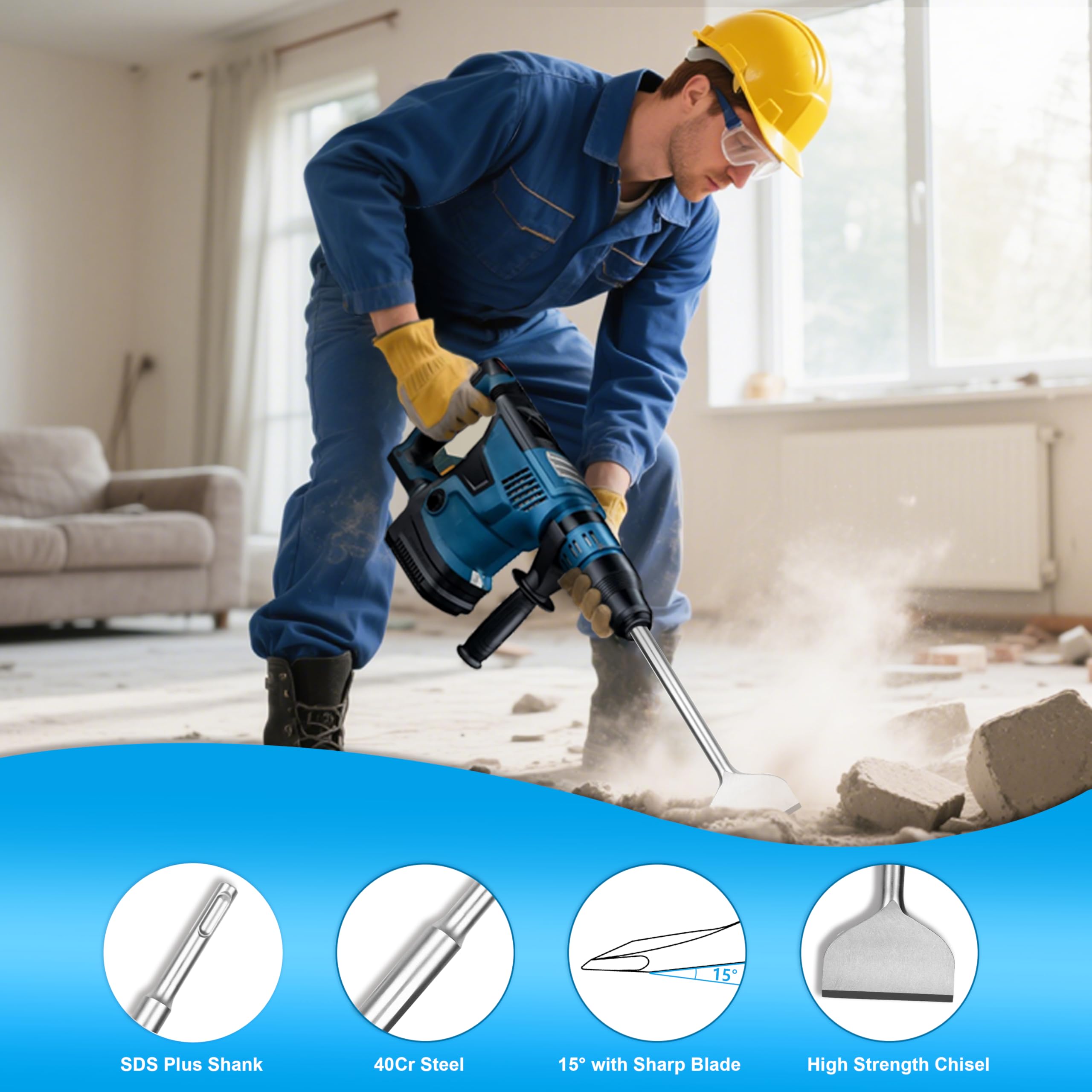 Nucraft Set di 4 scalpelli in acciaio SDS Plus, largo, piatto, appuntito, in Acciaio per Cemento, Mattone, Muro e Granito