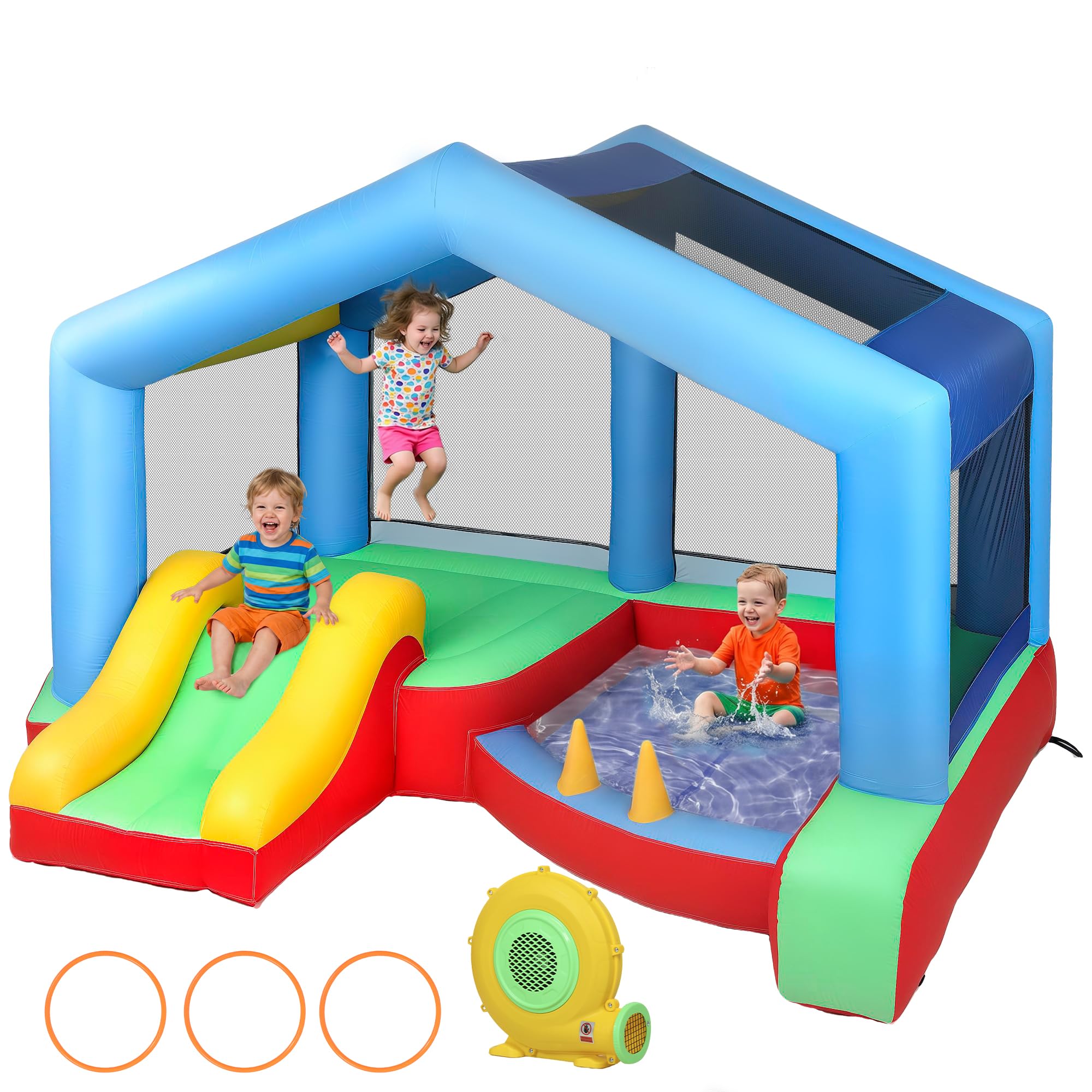 Castillo Hinchable Acuático 8 En 1 AIYAPLAY Con Tobogán, Piscina Y Juegos Deportivos, Incluye Soplador De 550W, Para Hasta 4 Niños, Medidas 350x320x190 Cm