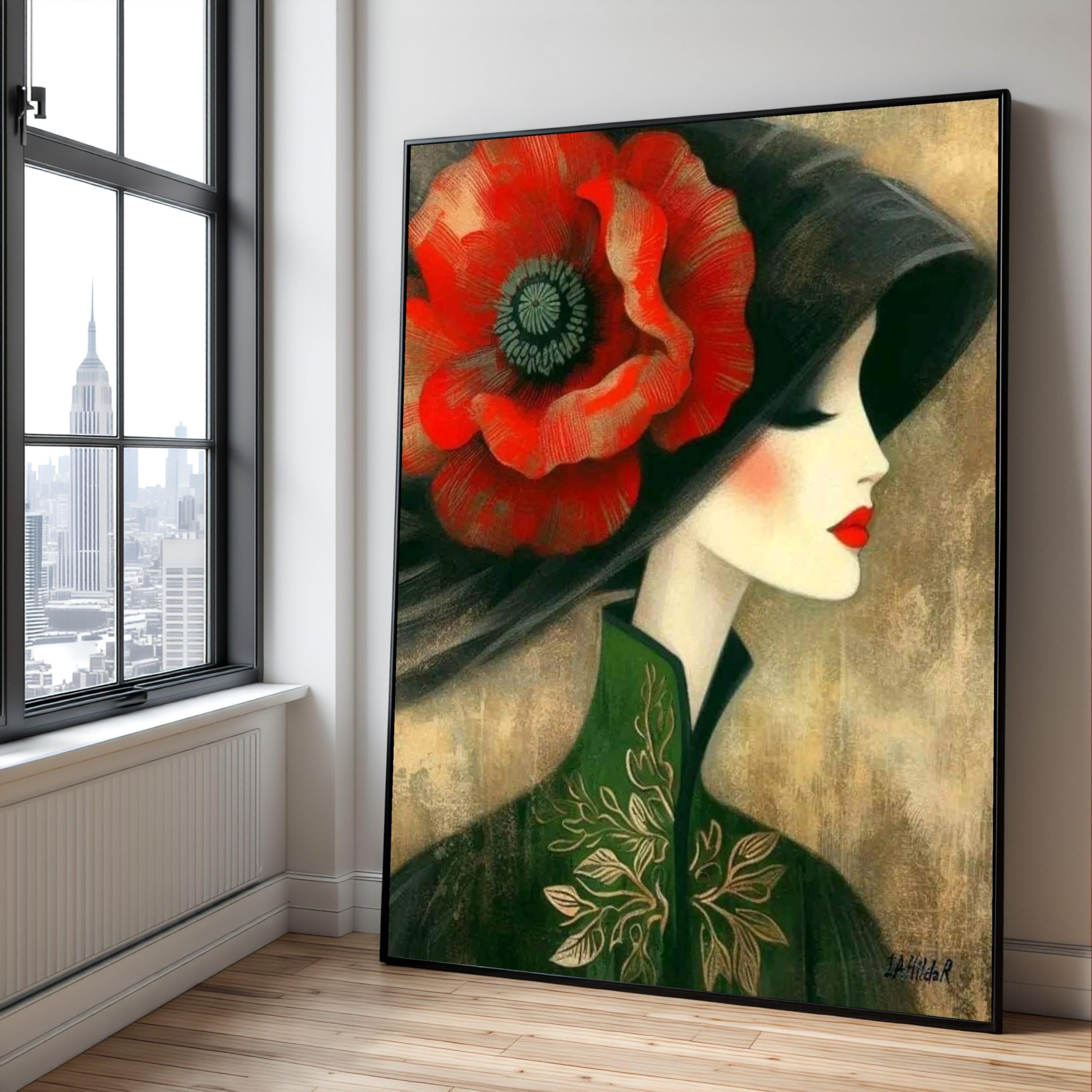 Chapeau à fleurs rouges tableau abstrait pour habiller mur vide - 8