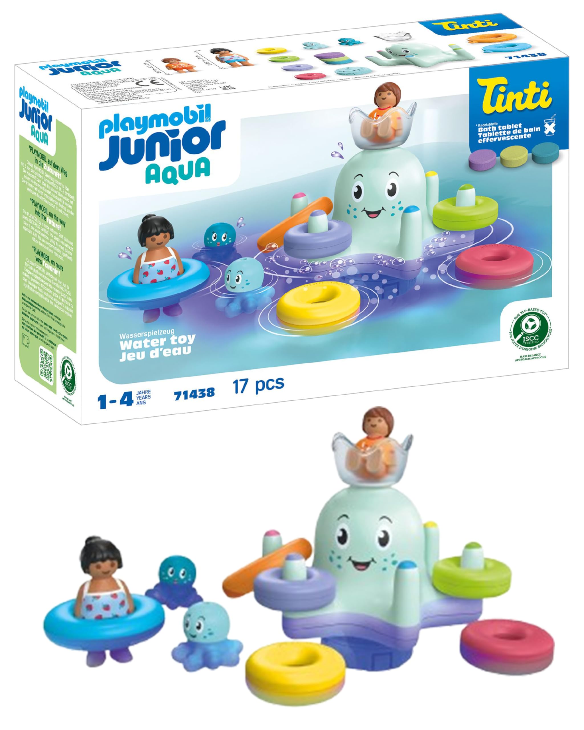 PLAYMOBIL Junior Aqua & Tinti 71438 Colourful Octopus with Four Rings of Colours to Sort and Three Tinti Bath Tablets, Toys for Boys and Girls from 1 Year Old