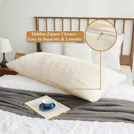 XeGe Long Fluffy Bolster Pillowcase, Faux Fur Body Pillow Cover with Zipper Closure, Plush Furry Standard Bolster Pillow Case for Pregnant Maternity Women Side Sleeper, 4.6ft, Beige