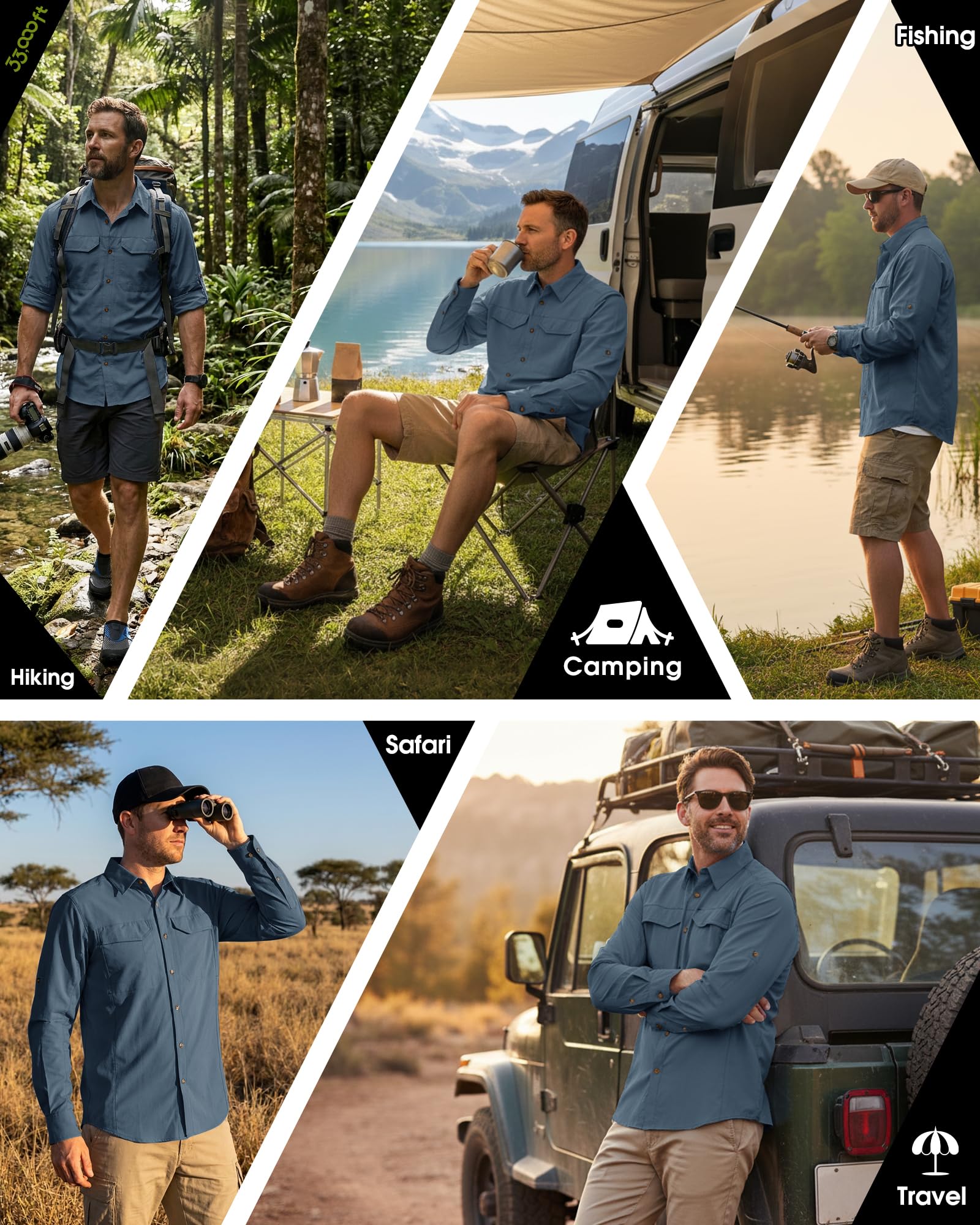 33,000ft Camicie da trekking a maniche lunghe da uomo, leggere, ad asciugatura rapida, protezione solare UV UPF 50, camicia da pesca all'aperto, safari, viaggi, Blu scuro, XX-Large