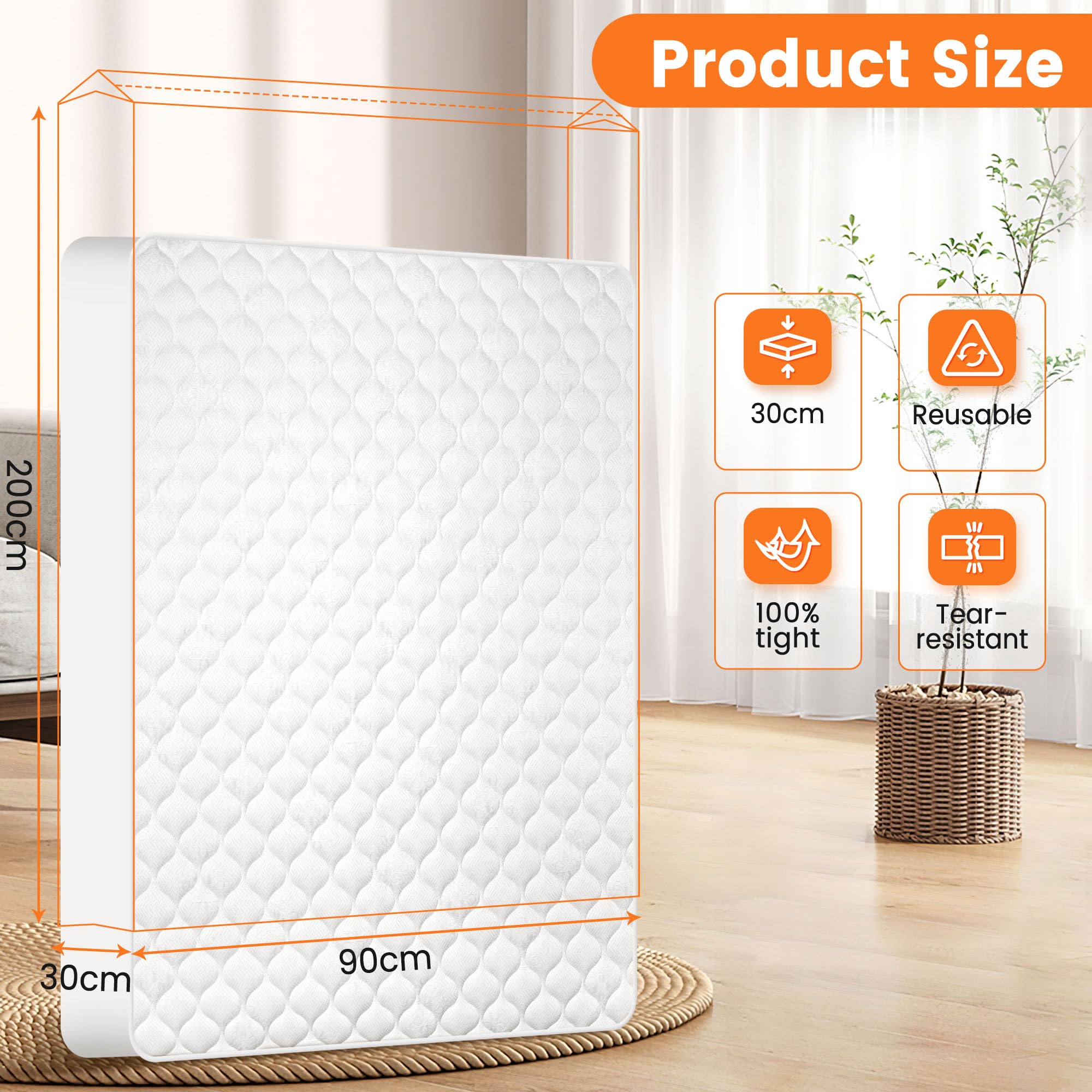 Custodia Materasso Impermeabile 90x200cm - Per Trasloco E Conservazione, Spessore 30cm, Con Doppia Cerniera | Anti Polvere - Foto 3