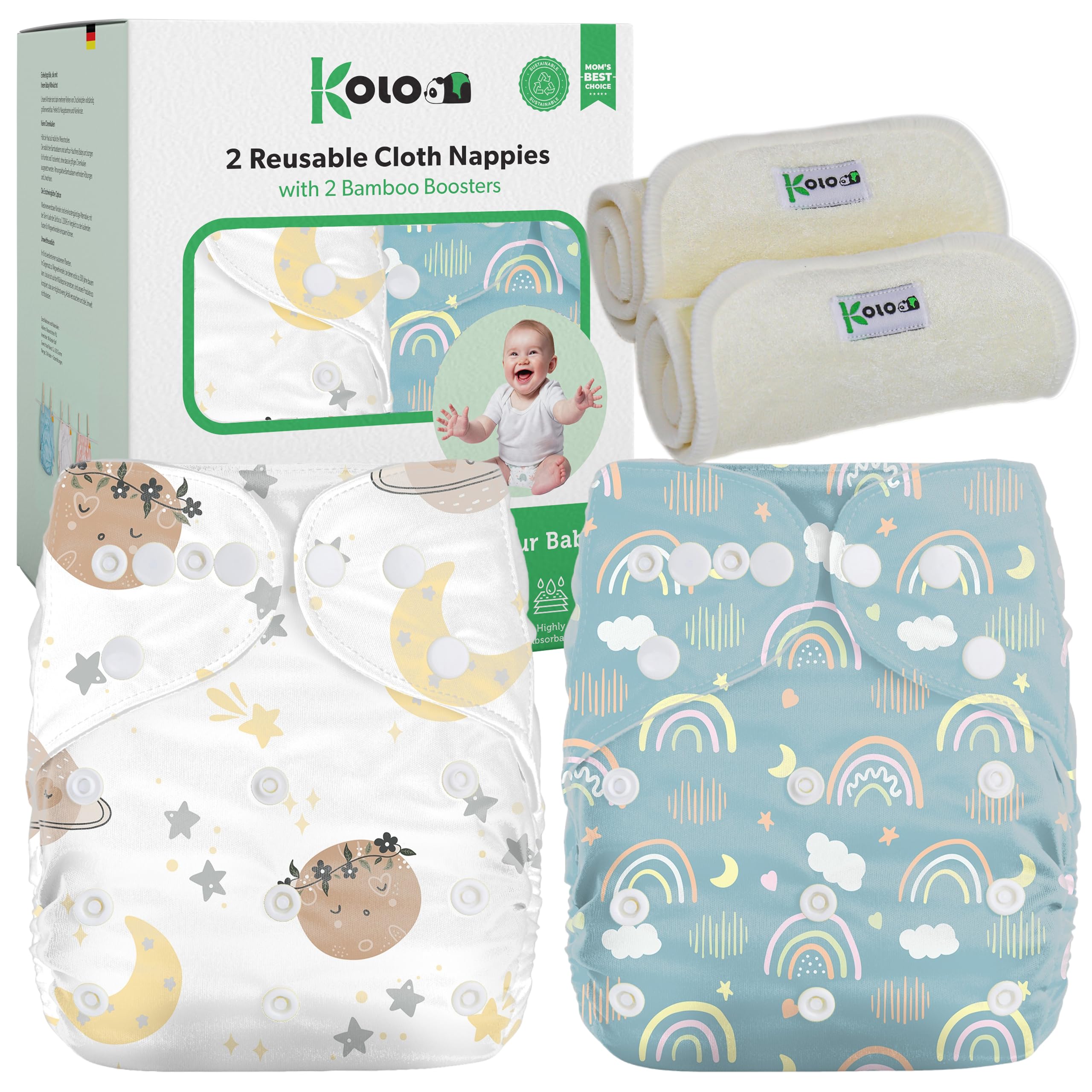 Kolo – 2 wiederverwendbare Windeln für Babys & Neugeborene + 2 Bambuseinlagen | Waschbare, einstellbare Stoffwindeln, unisex | 100 % umweltfreundlich | Design Sky&Planet