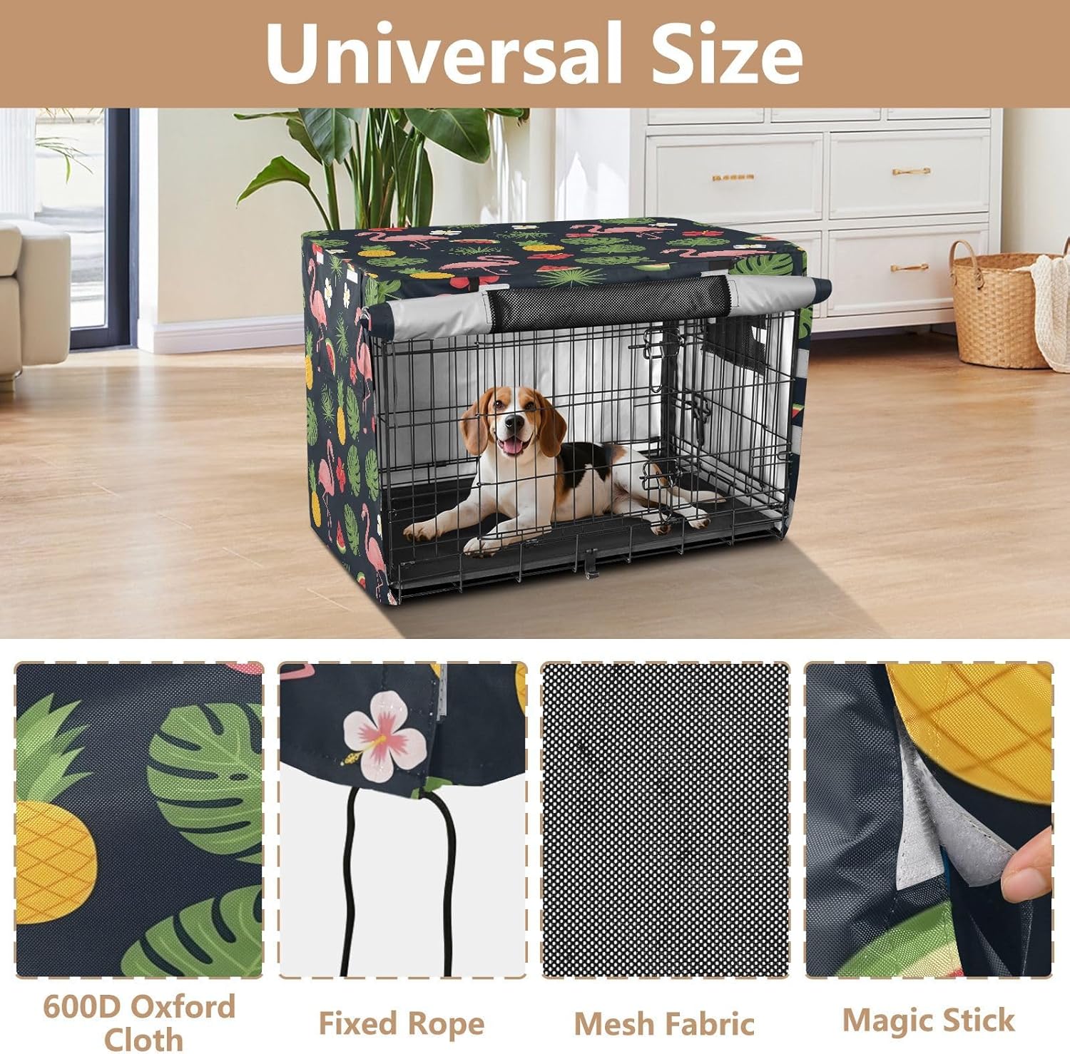 Flamingos Tropical Palm Dog Crate Cover 600D Oxford Pet Kennel Cover with Mesh Window for Dog Cages, Windproof Waterproof Machine Washable, 48"x30"x33"