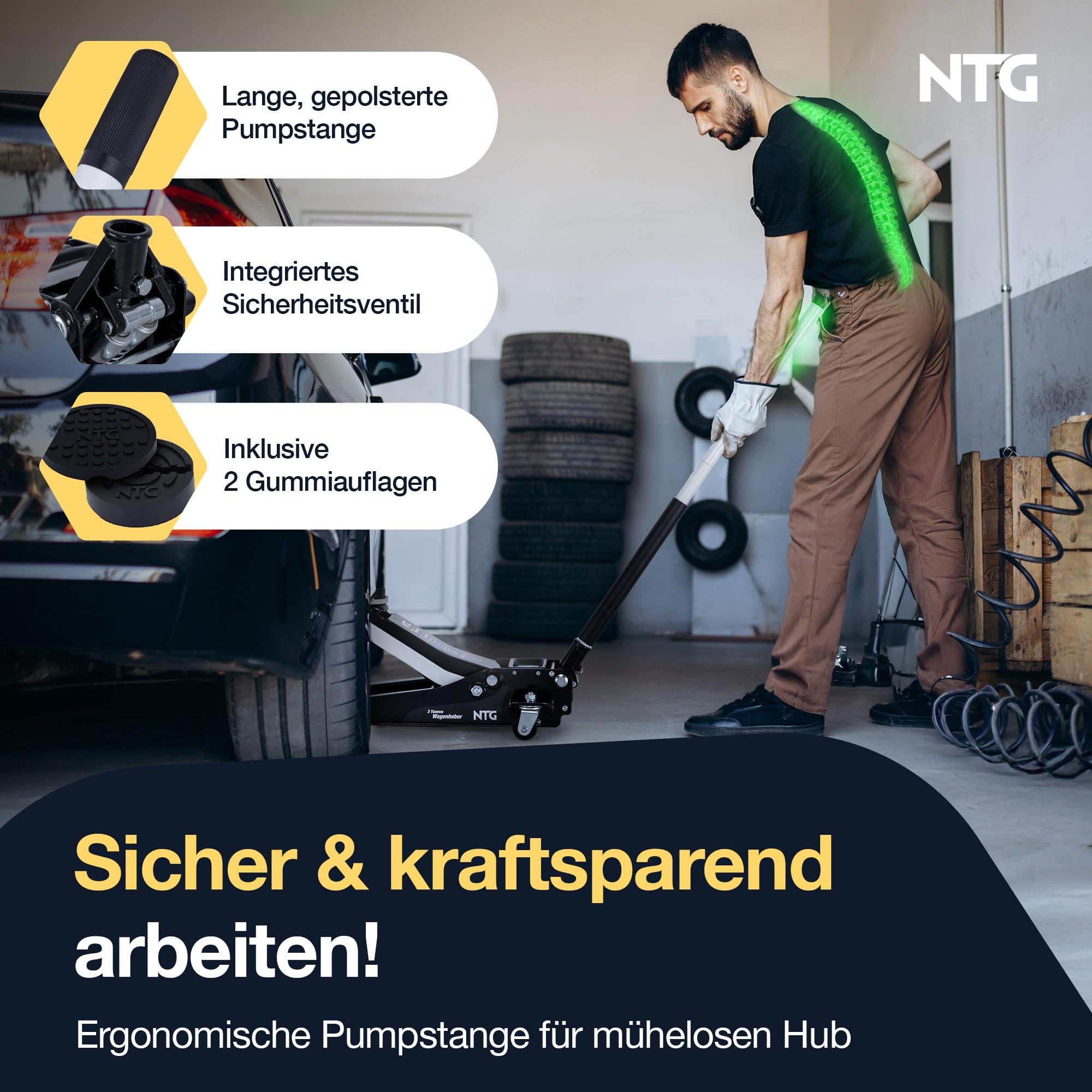 NTG HYDRAULISCHER WAGENHEBER 3T – Wagenheber Hydraulisch mit Doppelkolben & Schnellhub, 85–485 mm Hubhöhe – Rangierwagenheber inkl. 2 Gummiauflagen für PKW & SUV