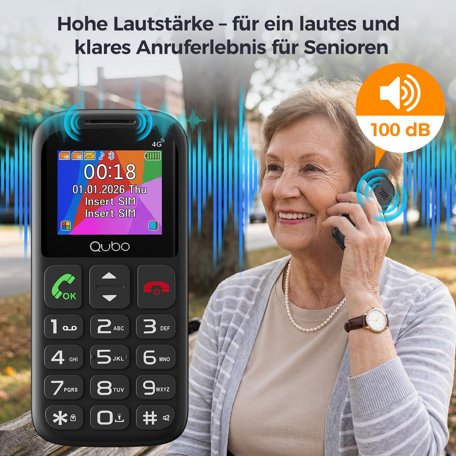 Qubo 4G Seniorenhandy ohne Vertrag |mit SOS-Notruftaste | Rentner Handy Große Tasten | Taschenlampe | Dual-SIM| USB-C | Tastenhandy mit Ladestation | 1,77 Zoll Farbdisplay