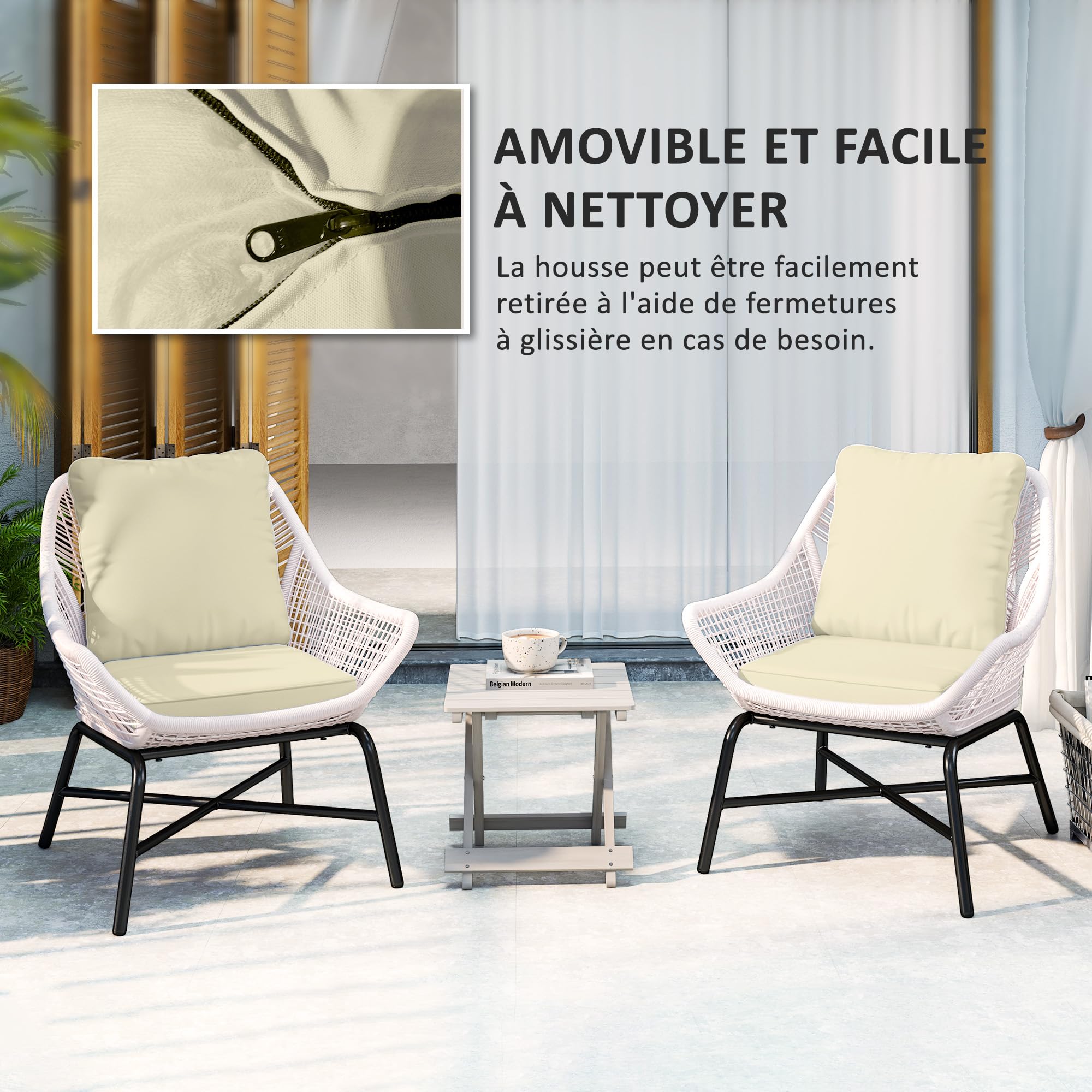 Outsunny Ensemble de 2 Coussins d'assise avec Dossier Confortable Crème