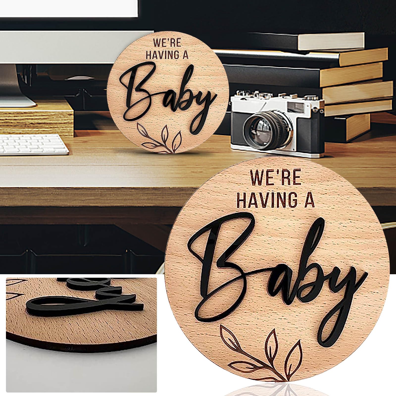 We're Having a Baby Pregnancy Announcement Sign 5.9 Inch Round Wooden Announcement Disc with Black 3D Letters Decoration Maternity Photoshoot Prop, Baby Shower Gifts for Pregnant Moms