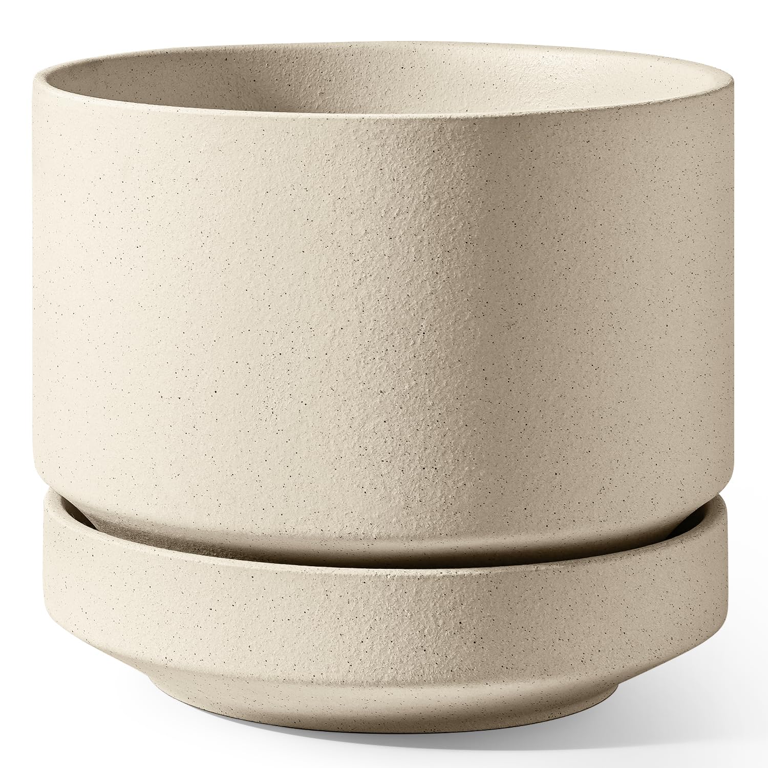 LE TAUCI Maceta de Cerámica Grande 30 cm con Plato - Macetero Grande para Exterior E Interior, con Agujero de Drenaje, Rejilla y Tapón, No Esmaltada y Transpirable - Beige Arena