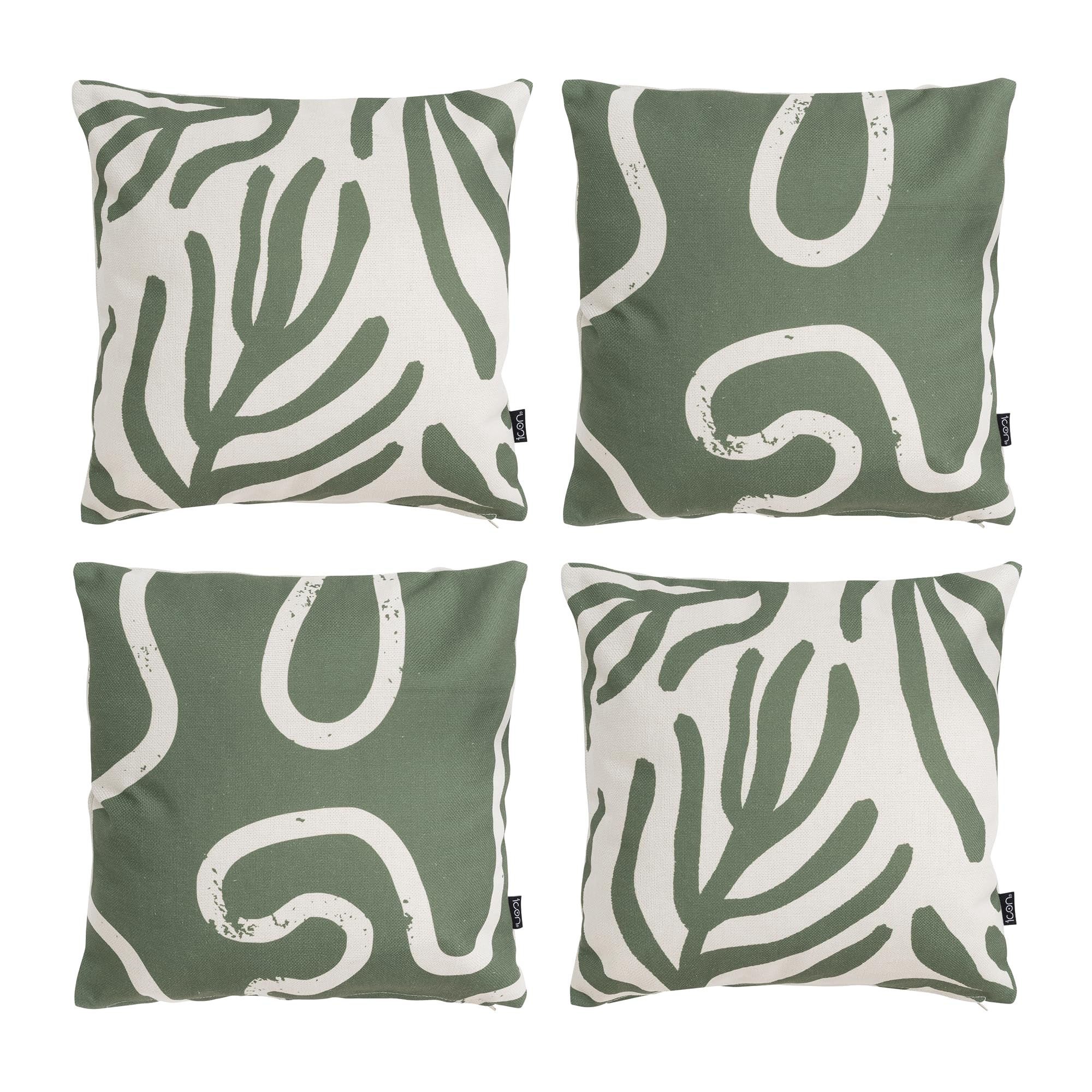 icon Indoor Outdoor Cushions Filled, Kyoto Collection, Leaf and Squiggle Print, Set of 4, 43cm x 43cm, Water Resistant, Outdoor Cushions for Garden Furniture, Lounge, Garden, Patio