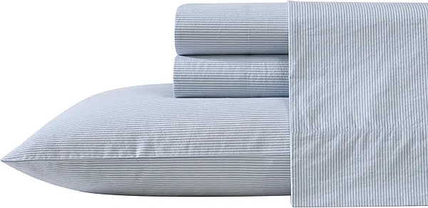 Nautica - Queen Sheet Set, Cotton Percale Bedding Set, Crisp & Cool, Lightweight & Breathable (Penny Pinstripe Blue, Queen)