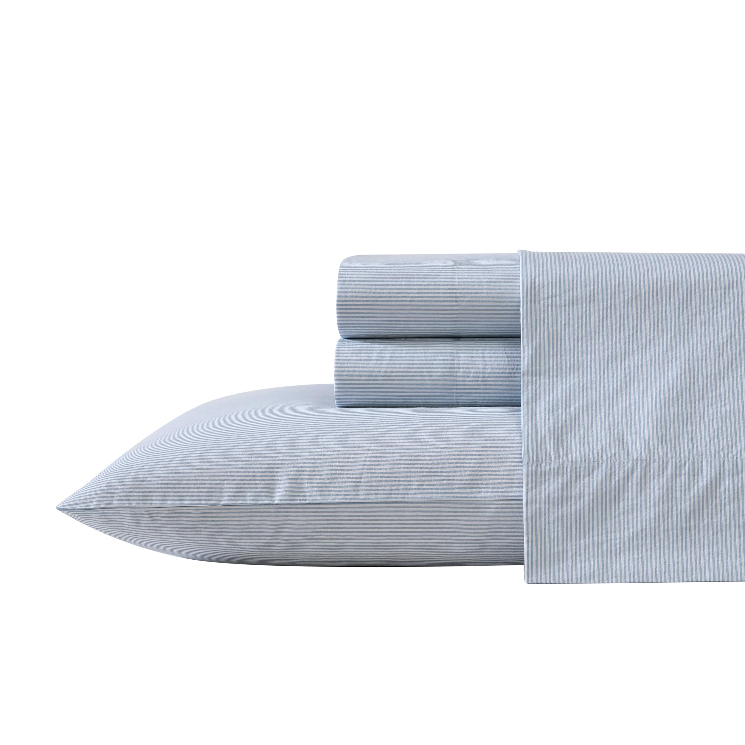 Nautica - Twin XL Sheet Set, Cotton Percale Bedding Set, Crisp & Cool, Lightweight & Breathable (Penny Pinstripe Blue, Twin XL)