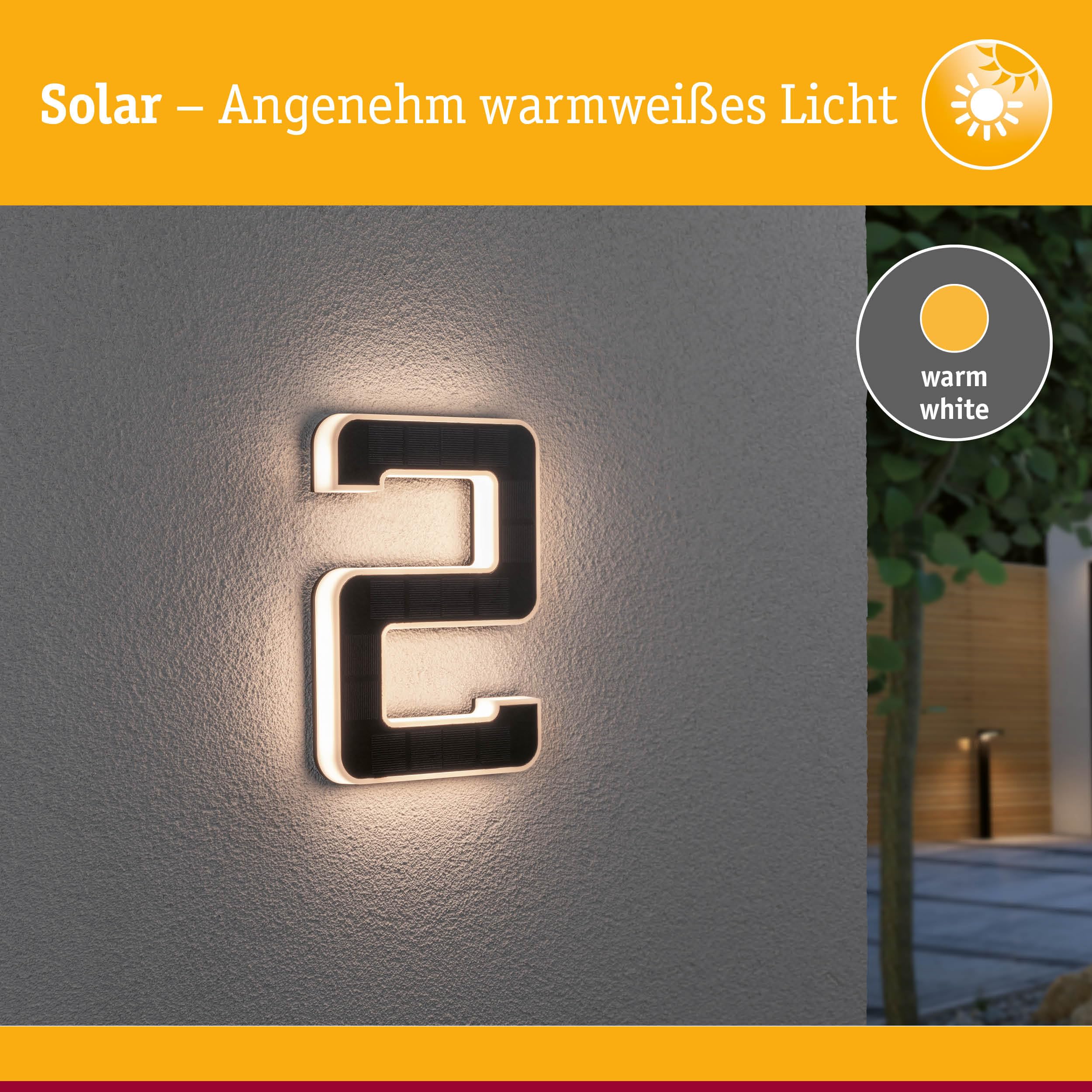 Paulmann 79843 LED Solar Hausnummer 2 IP44 Warmweiß Akku wechselbar incl. 1x0,2 Watt Solarleuchte Solarlampe Kunststoff Solarlicht 3000 K, Schwarz, Einheitsgröße