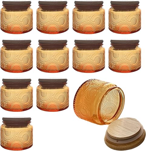 LINGSHINE Mini tarros de vidrio azules con tapas de bambú reutilizables, paquete de 12 unidades de 4 onzas en relieve, decoración del hogar,