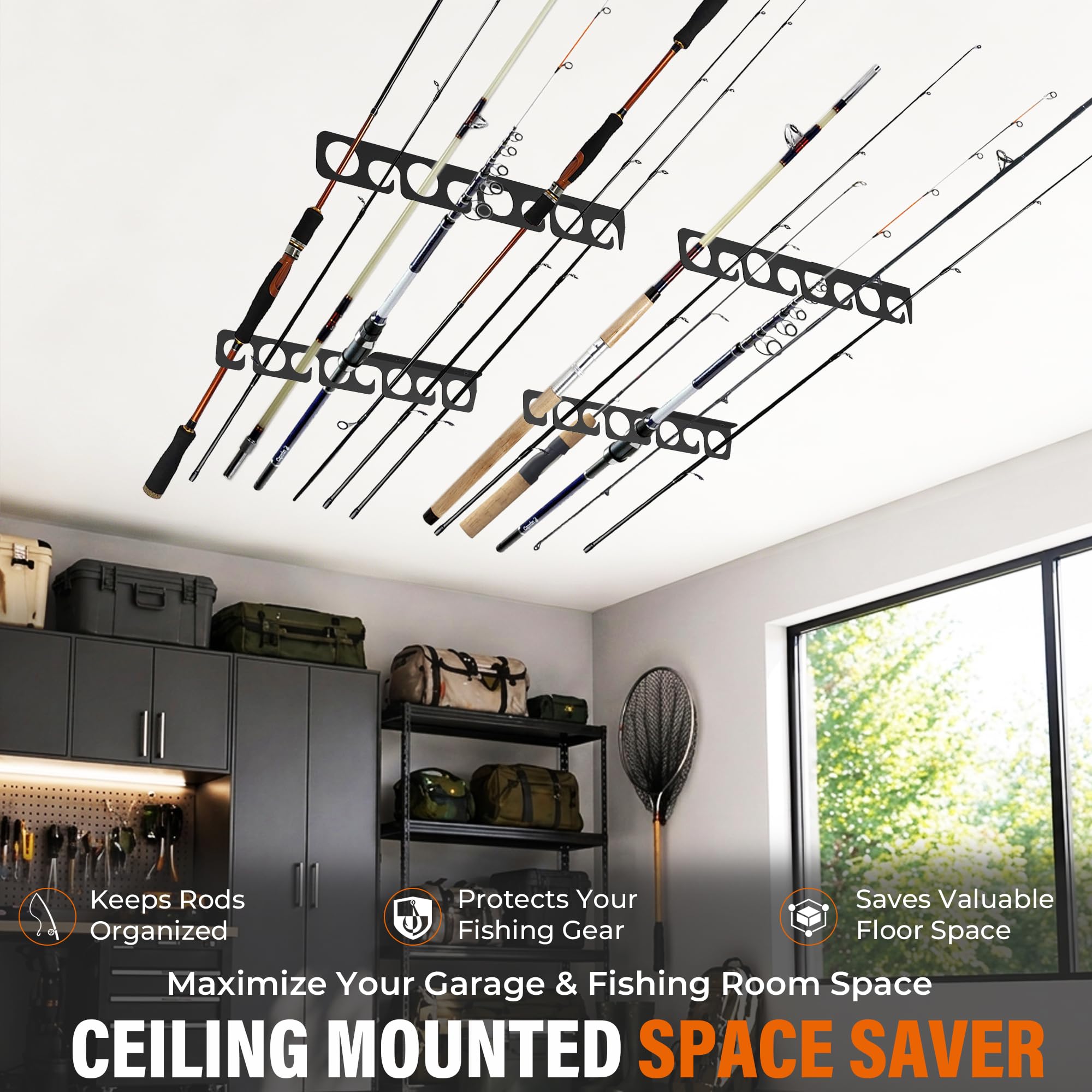 Support de rangement pour canne à pêche - Support mural ou plafond en métal - Peut contenir jusqu'à 16 cannes verticale/horizontale pour garage, cabine et sous-sol