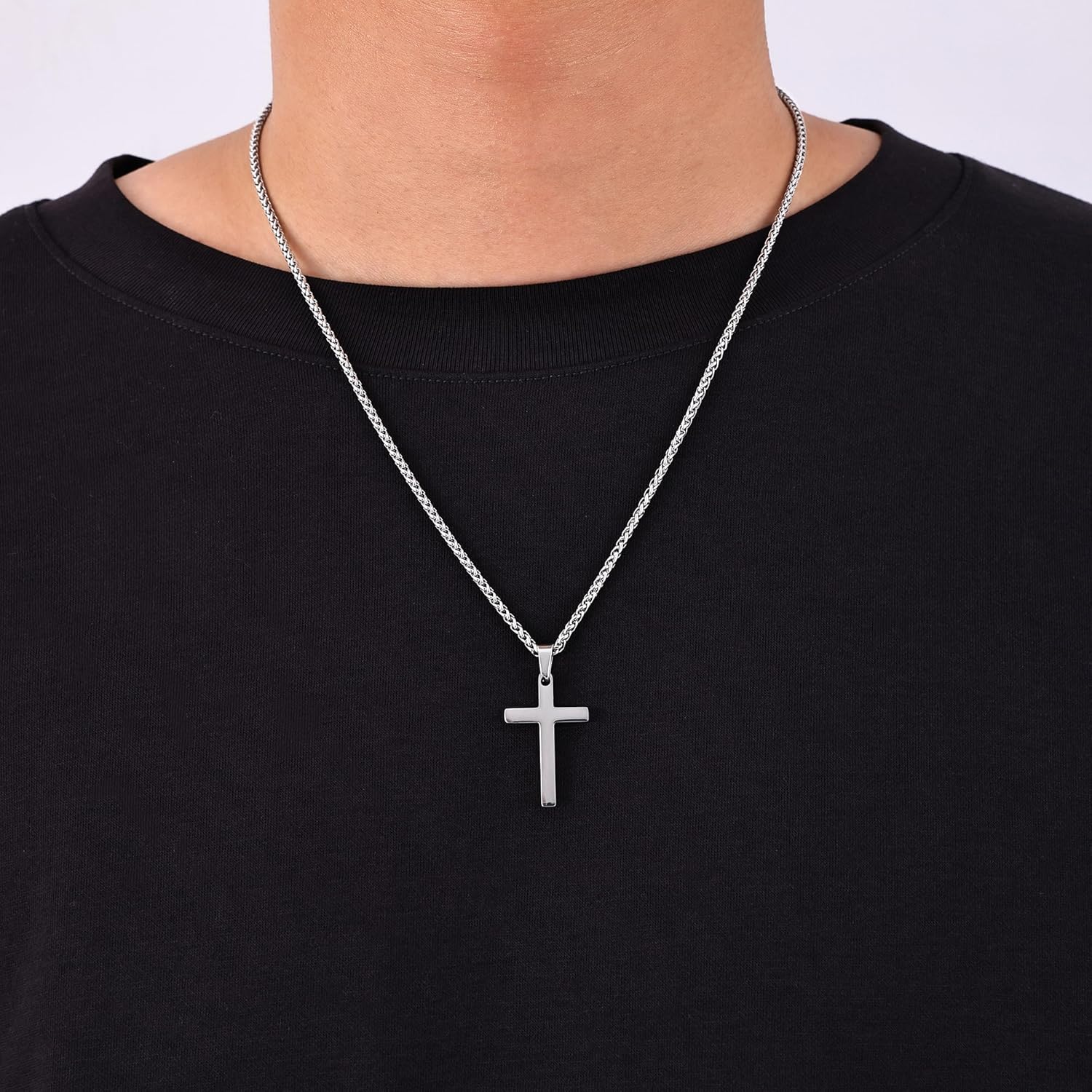 Fiusem Cross Necklace for Men, Silver Tone/Gold Plated/Black Mens Cross Necklaces with 2.5mm Chain, Stainless Steel Wheat Chain, 16-24 Inch - Image 3