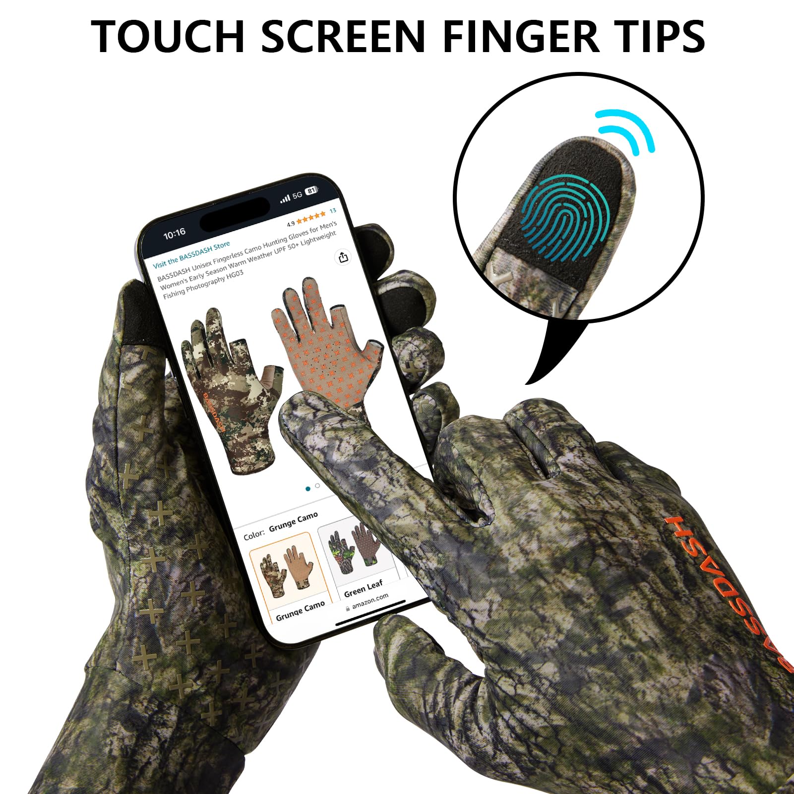 BASSDASH Guantes de caza de camuflaje para hombre, UPF 50+, ligeros, para pantalla táctil, para clima cálido, pesca, senderismo, actividades al aire libre